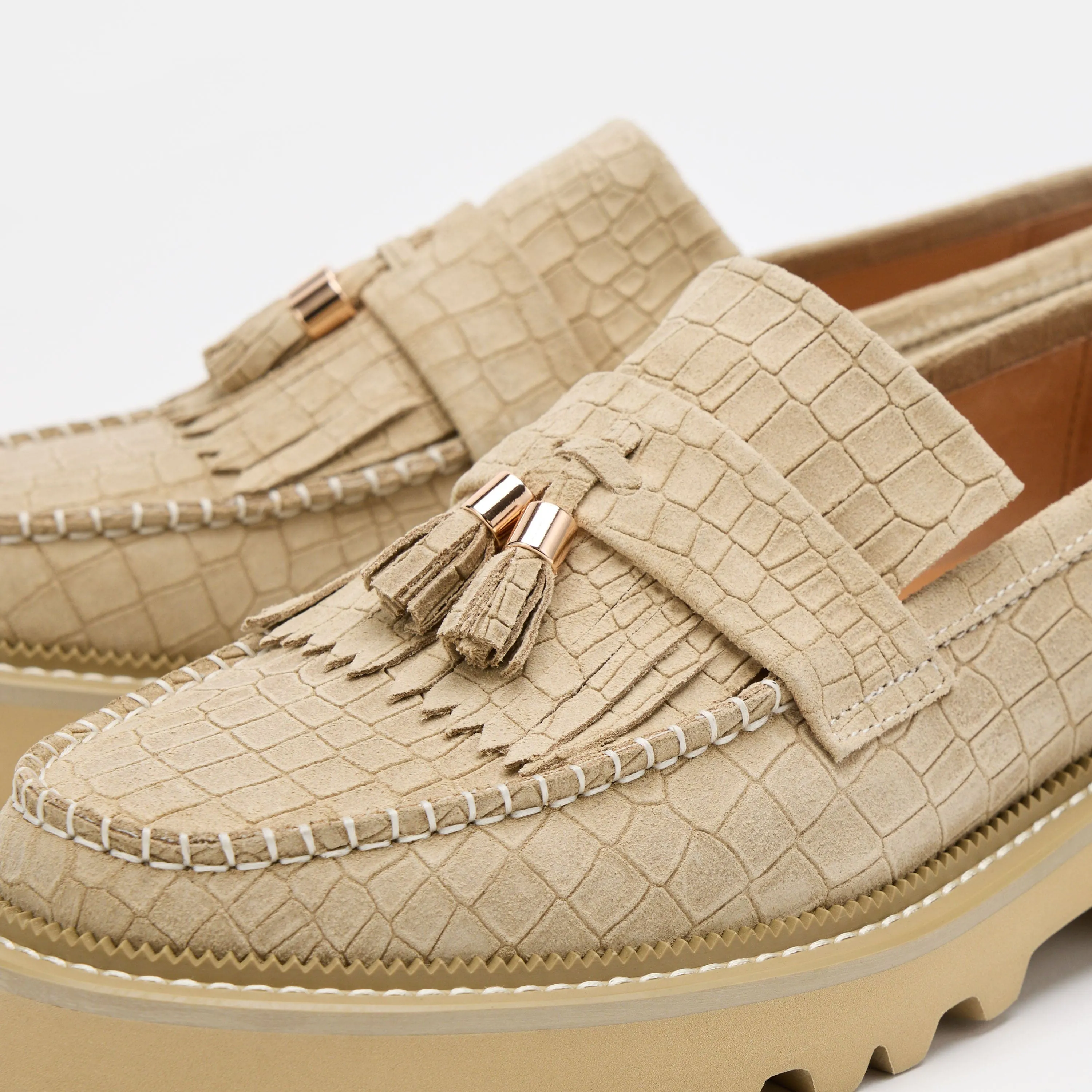 Mocassin Journey à franges en suède croco avec semelle épaisse