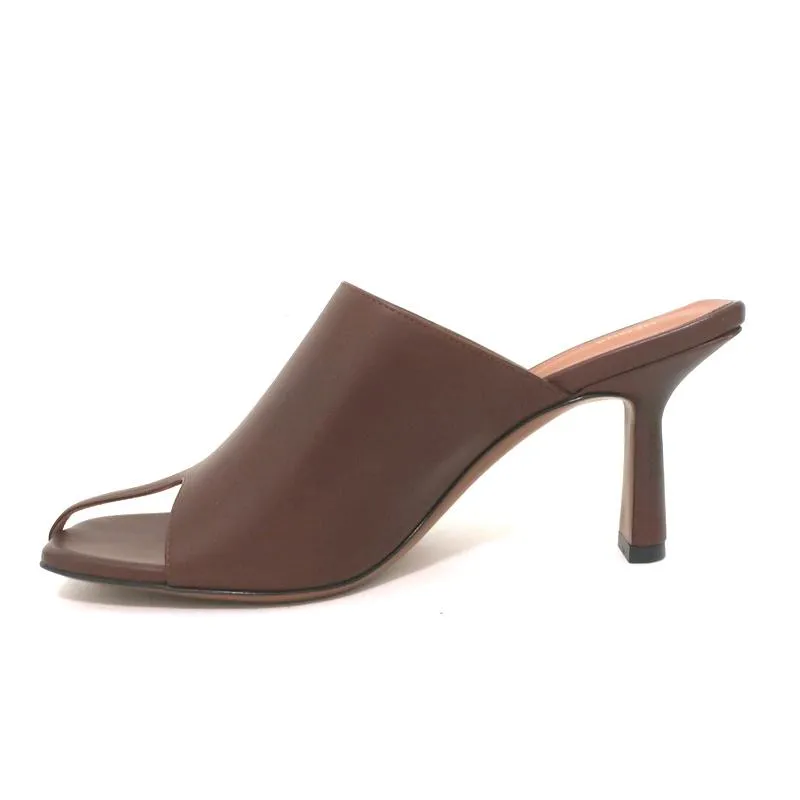 Neous Jumel Mules en cuir chocolat taille 38 à bouts ouverts et talons NEUF