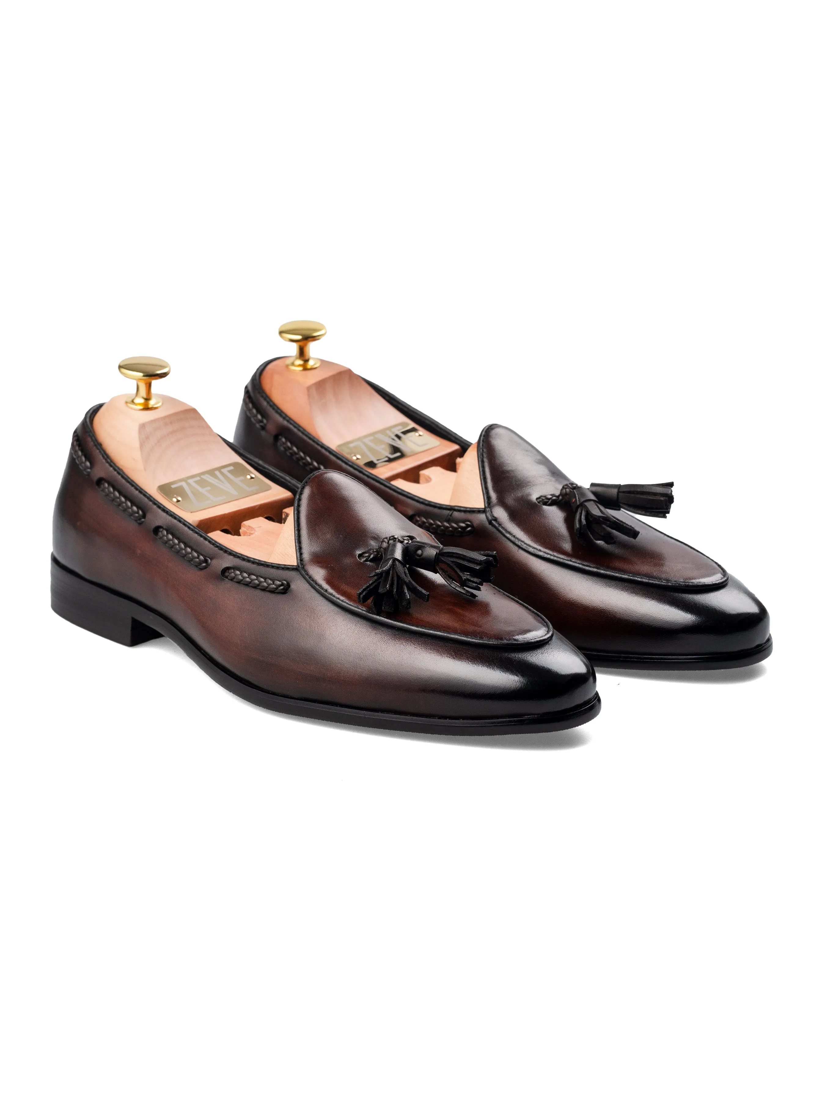 Noel Belgian Loafer à glands - Marron foncé (Patine peinte à la main)