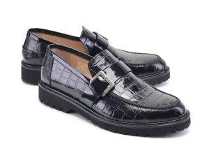 Mocassin Pelle Crocodile Embossé en Veau Noir à Enfiler