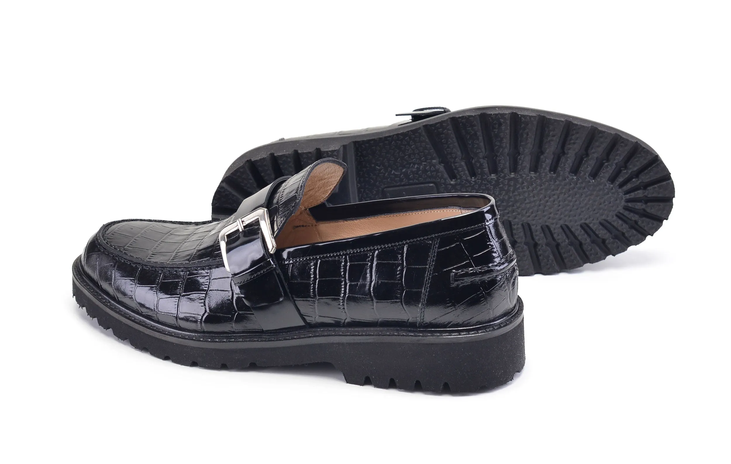 Mocassin Pelle Crocodile Embossé en Veau Noir à Enfiler