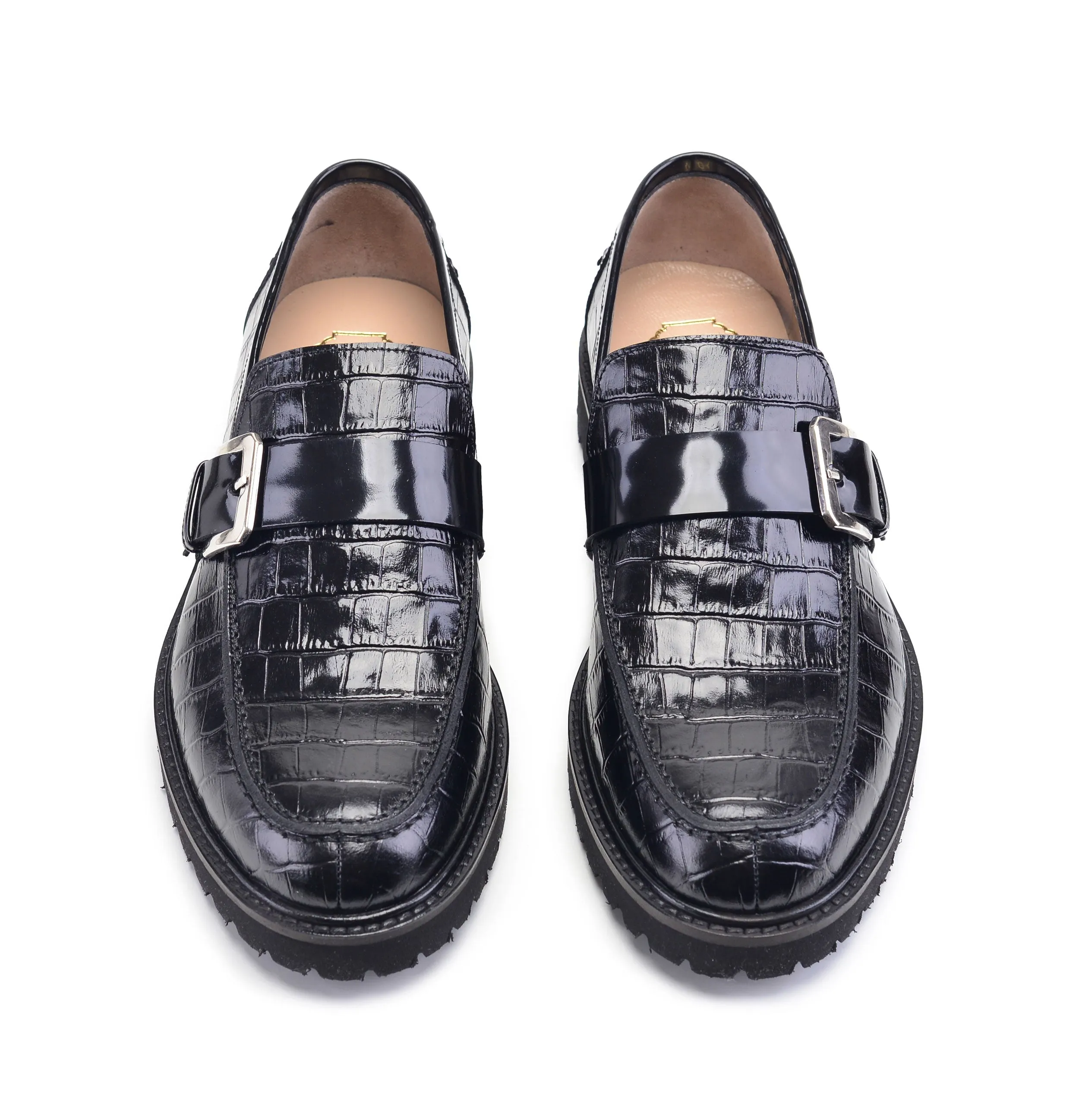 Mocassin Pelle Crocodile Embossé en Veau Noir à Enfiler