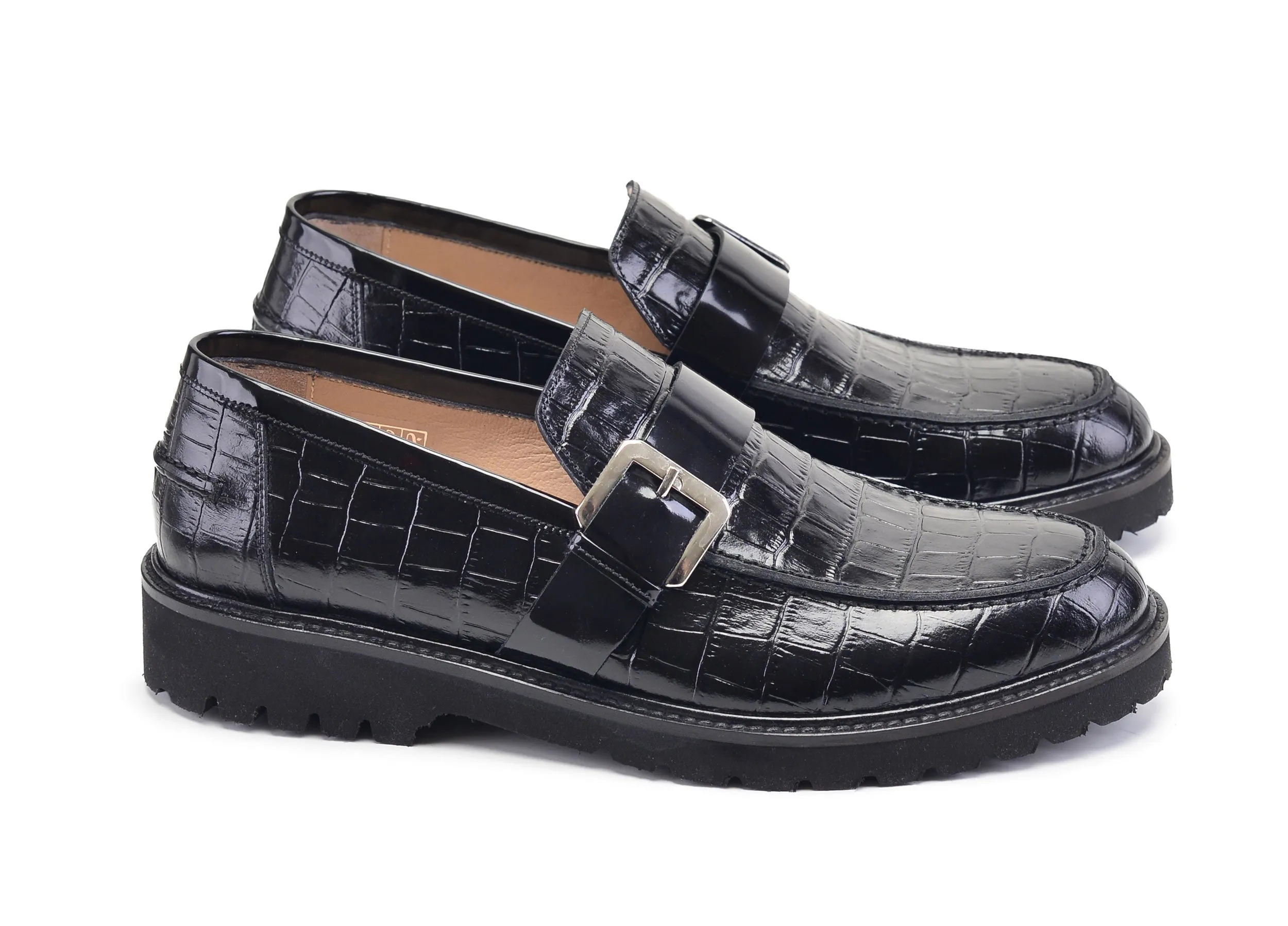 Mocassin Pelle Crocodile Embossé en Veau Noir à Enfiler