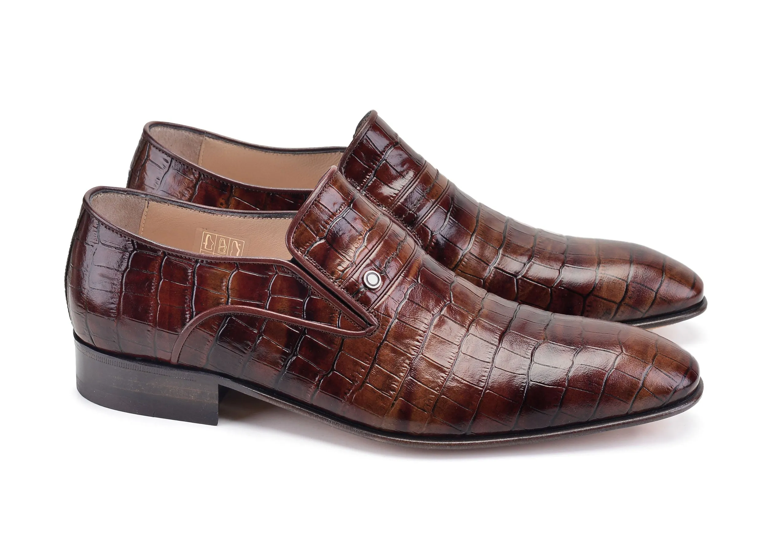 Mocassin Pelle Crocodile Embossé en Veau Marron à Enfiler