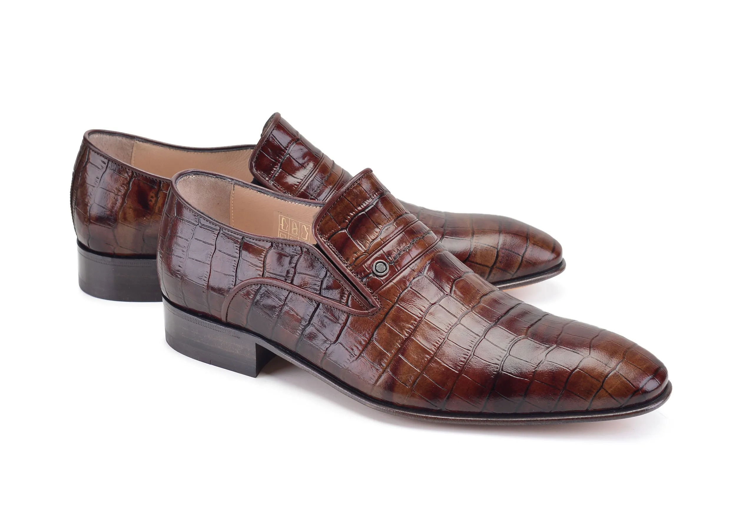 Mocassin Pelle Crocodile Embossé en Veau Marron à Enfiler