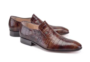 Mocassin Pelle Crocodile Embossé en Veau Marron à Enfiler