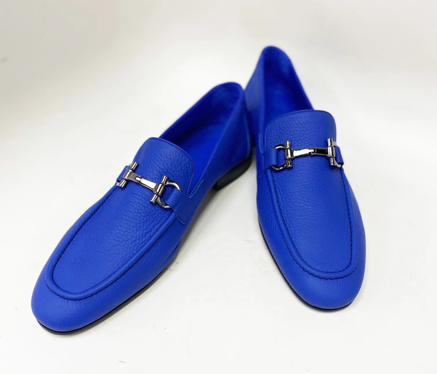 Mocassin Pelle Granuleuse Bleu