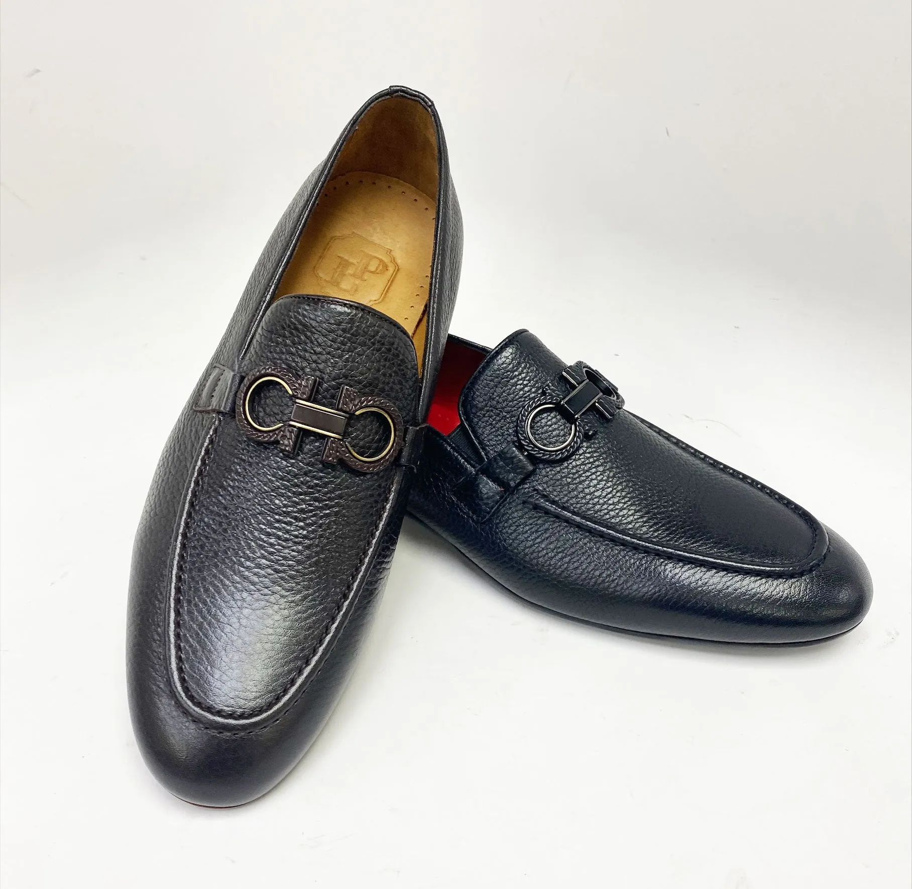 Mocassin Pelle en Cuir Granuleux Noir/Brun