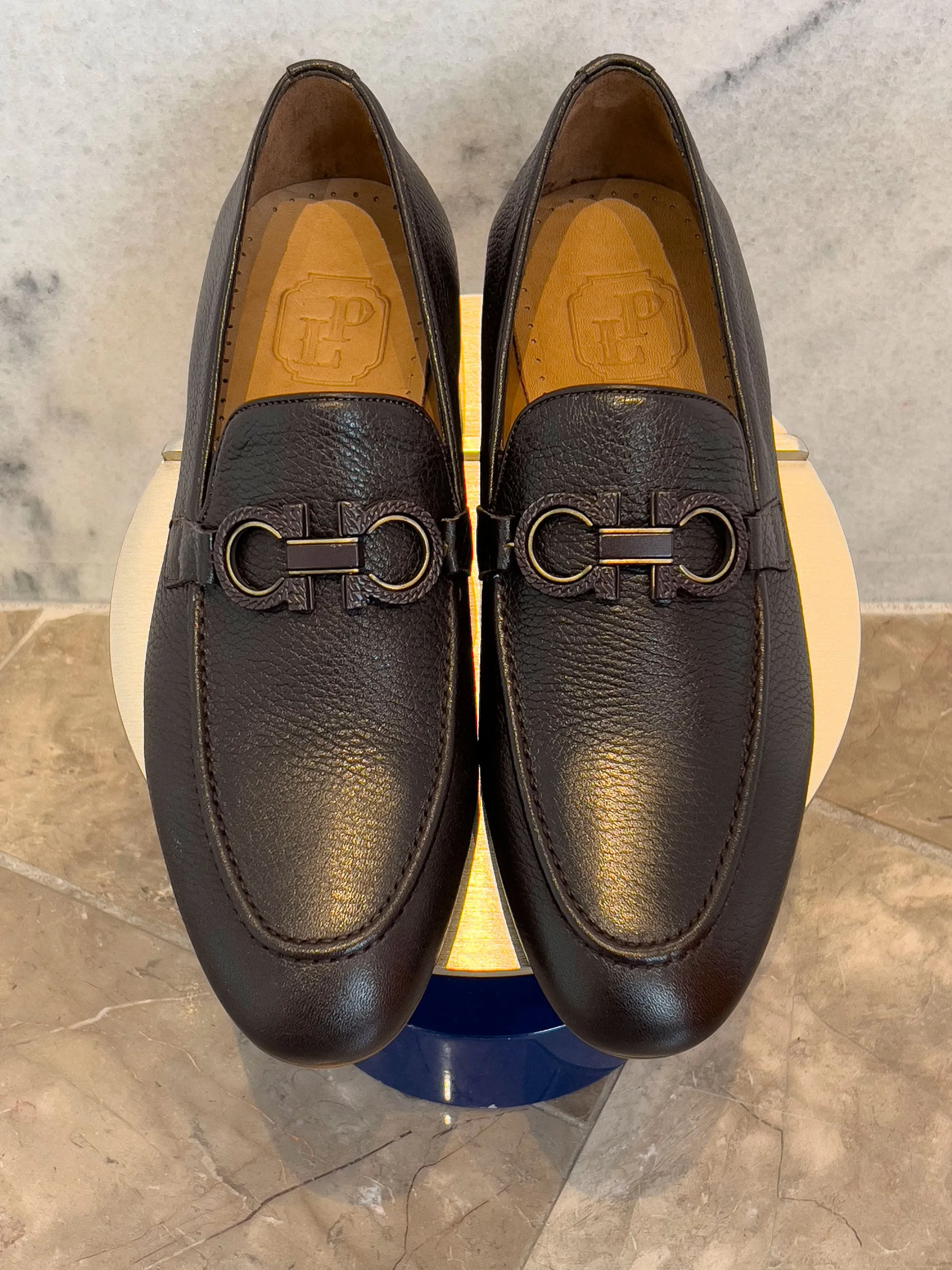 Mocassin Pelle en Cuir Granuleux Noir/Brun