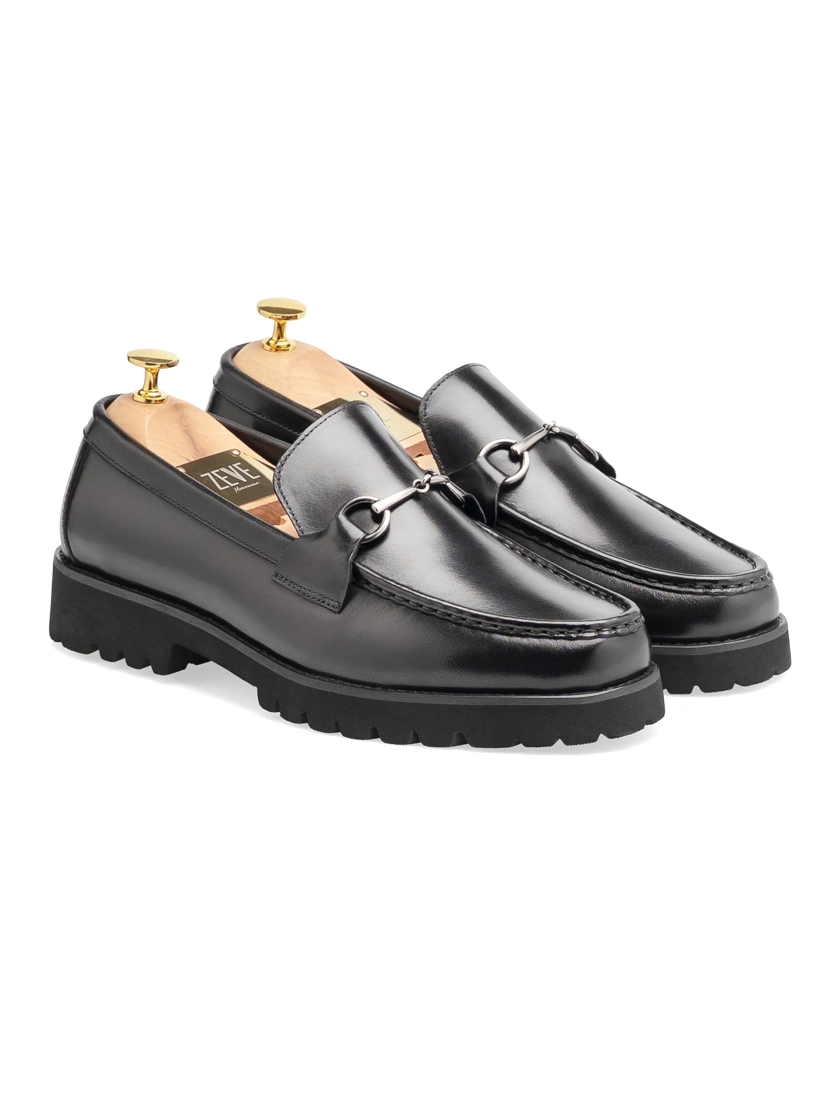 Mocassin à penny avec boucle argentée en forme de mors - Cuir noir (Eva Combat)