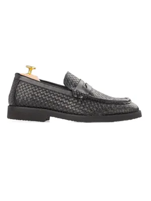 Mocassin Penny Loafer - Cuir Tissé Noir (Semelle Crêpe)