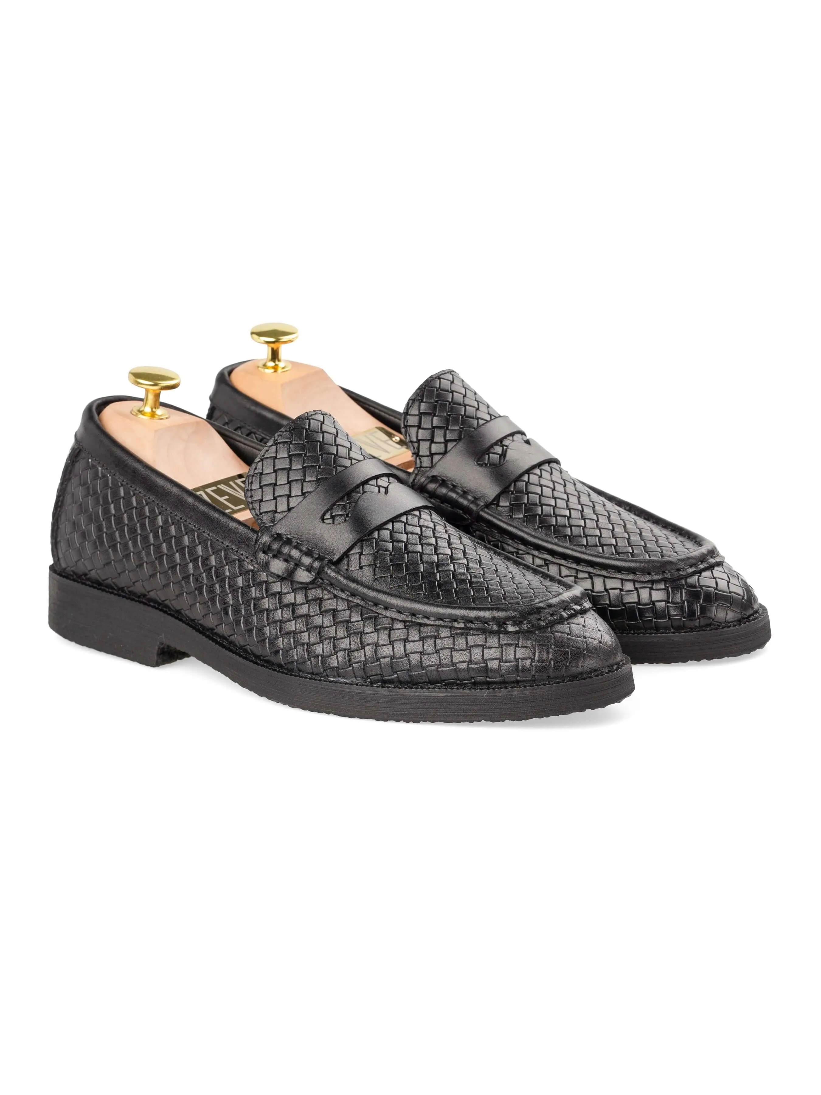 Mocassin Penny Loafer - Cuir Tissé Noir (Semelle Crêpe)