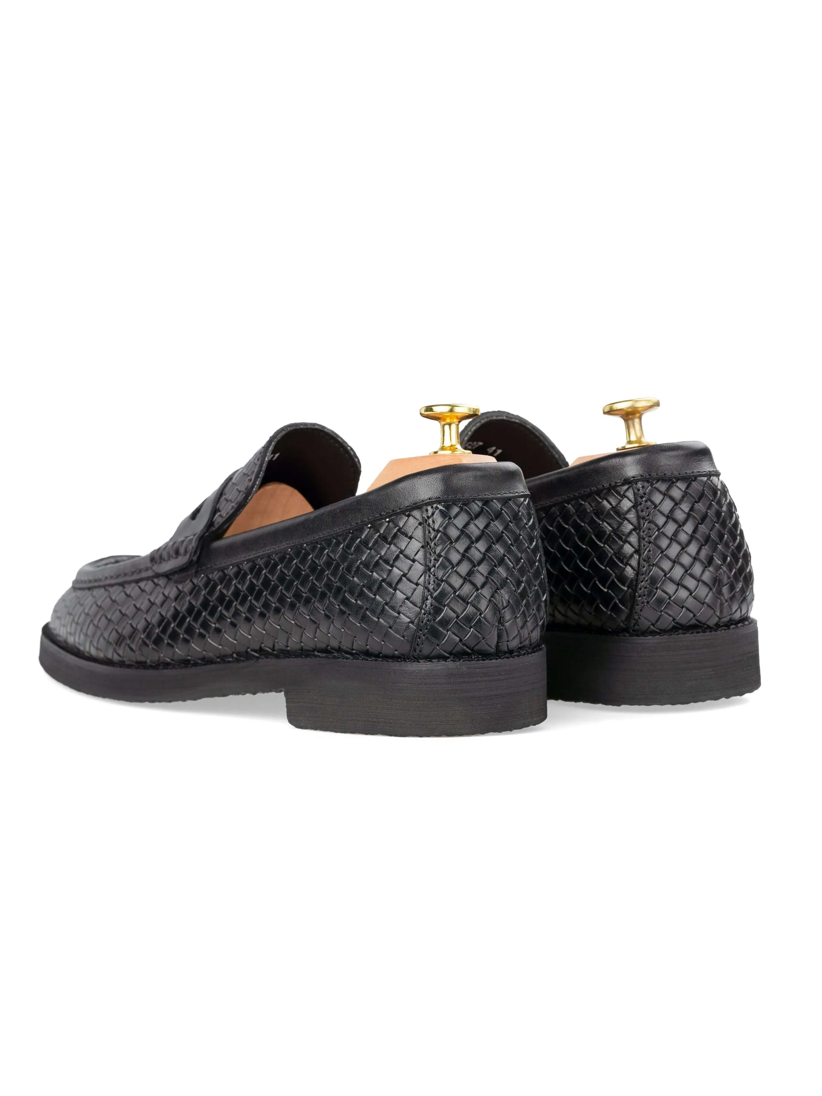 Mocassin Penny Loafer - Cuir Tissé Noir (Semelle Crêpe)
