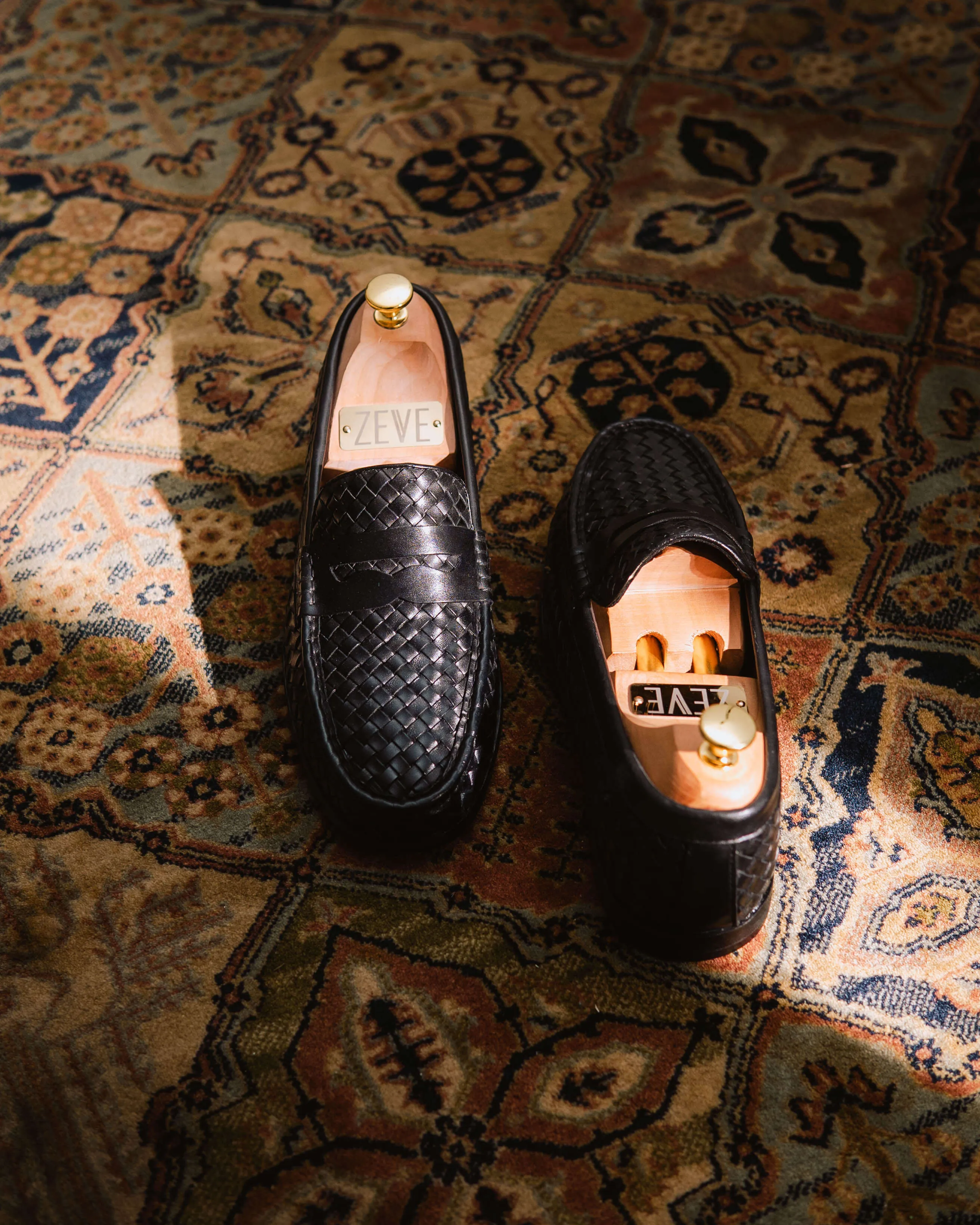 Mocassin Penny Loafer - Cuir Tissé Noir (Semelle Crêpe)