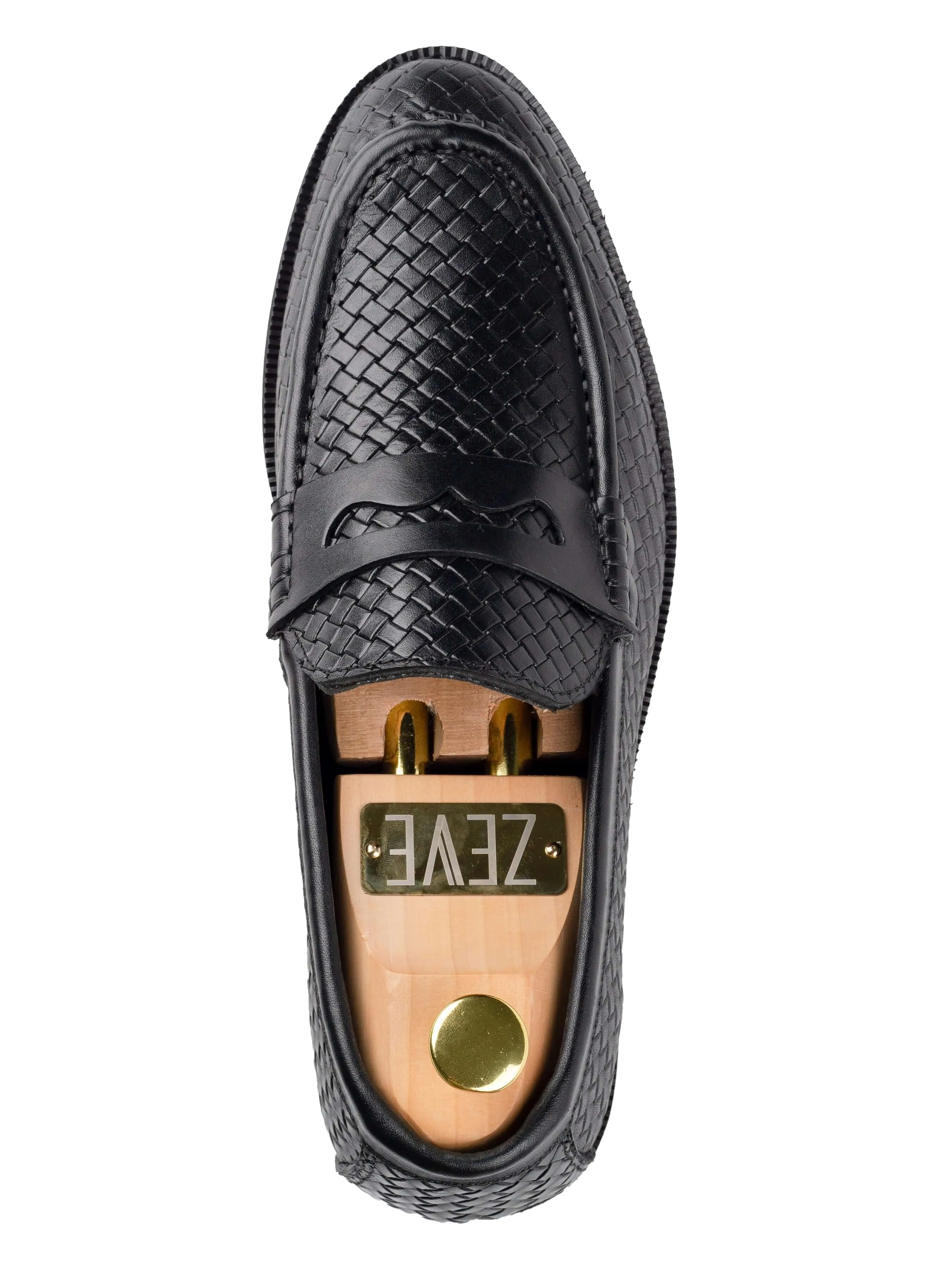 Mocassin Penny Loafer - Cuir Tissé Noir (Semelle Crêpe)