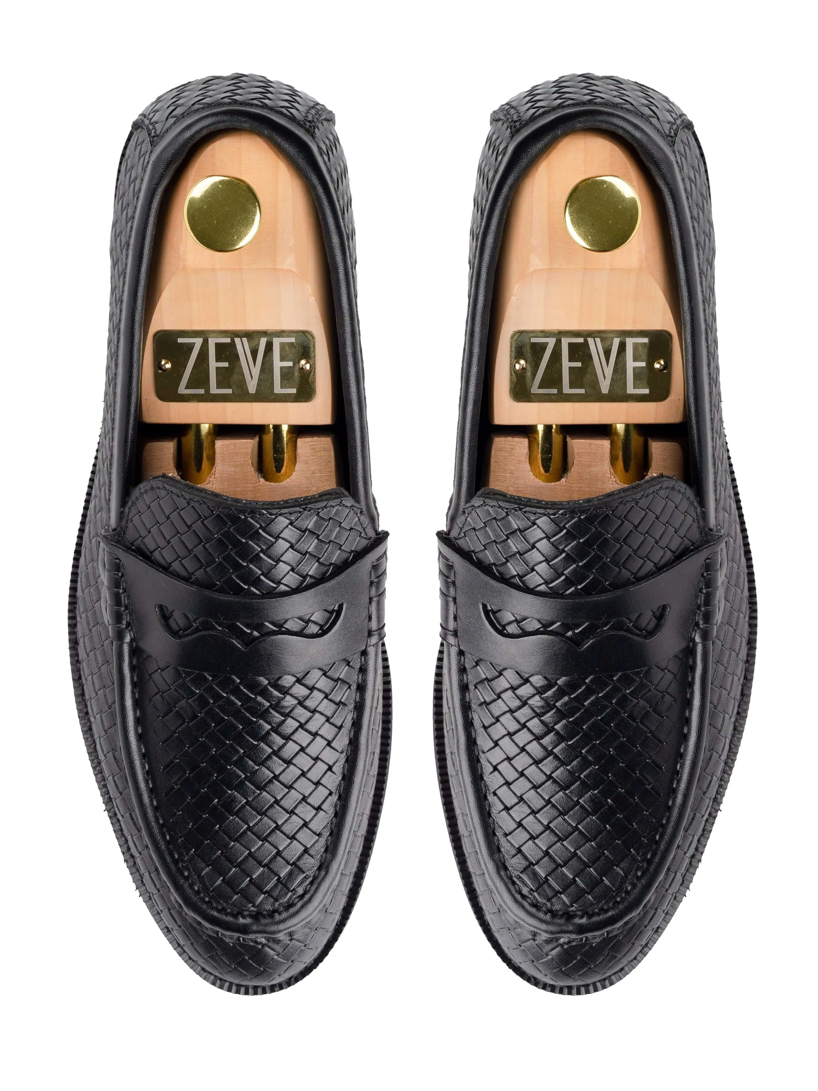 Mocassin Penny Loafer - Cuir Tissé Noir (Semelle Crêpe)
