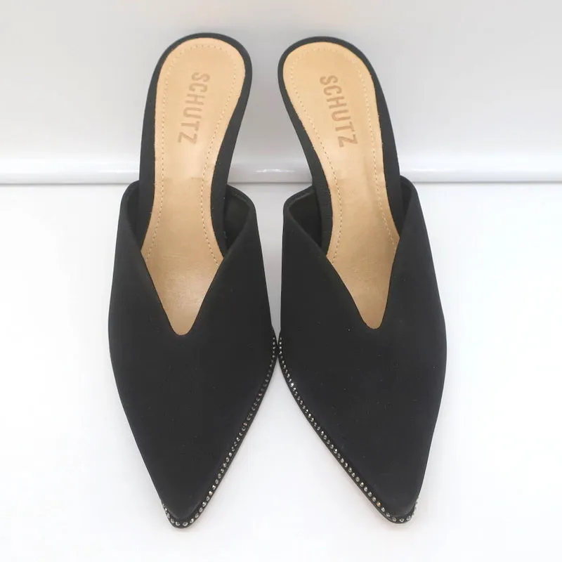 Mules Schutz à bout pointu avec cristaux et finition en suède noir Heliconia taille 6