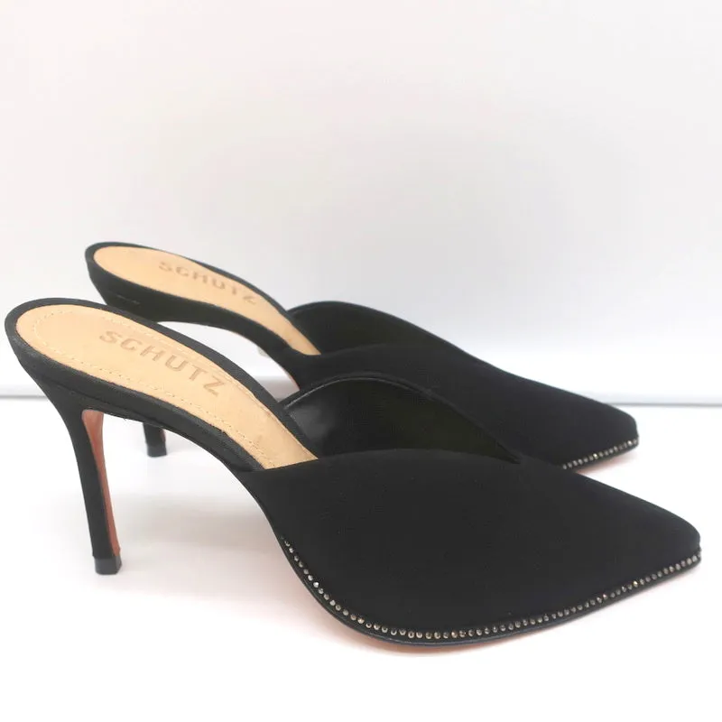 Mules Schutz à bout pointu avec cristaux et finition en suède noir Heliconia taille 6