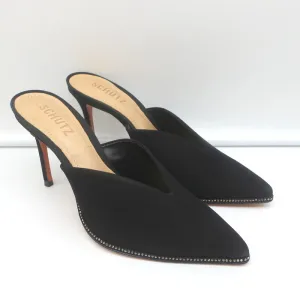 Mules Schutz à bout pointu avec cristaux et finition en suède noir Heliconia taille 6