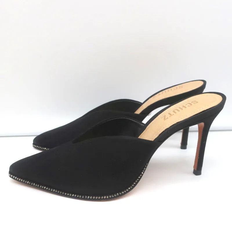 Mules Schutz à bout pointu avec cristaux et finition en suède noir Heliconia taille 6
