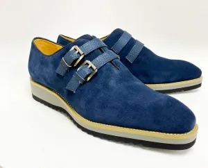 Chaussure à Enfiler en Suède à Double Boucle Marine