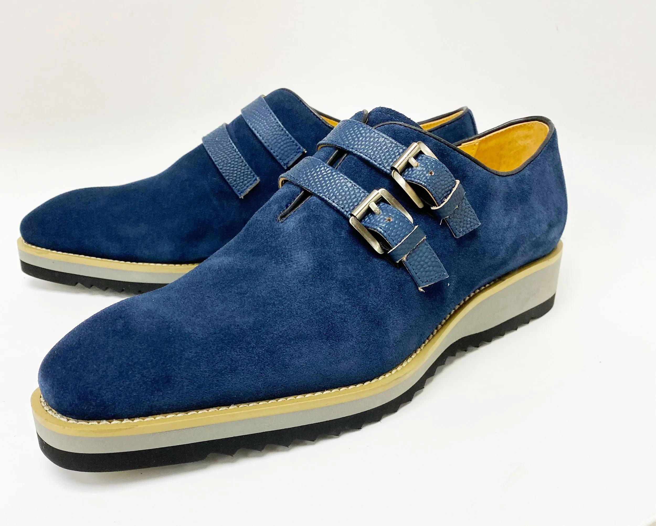 Chaussure à Enfiler en Suède à Double Boucle Marine