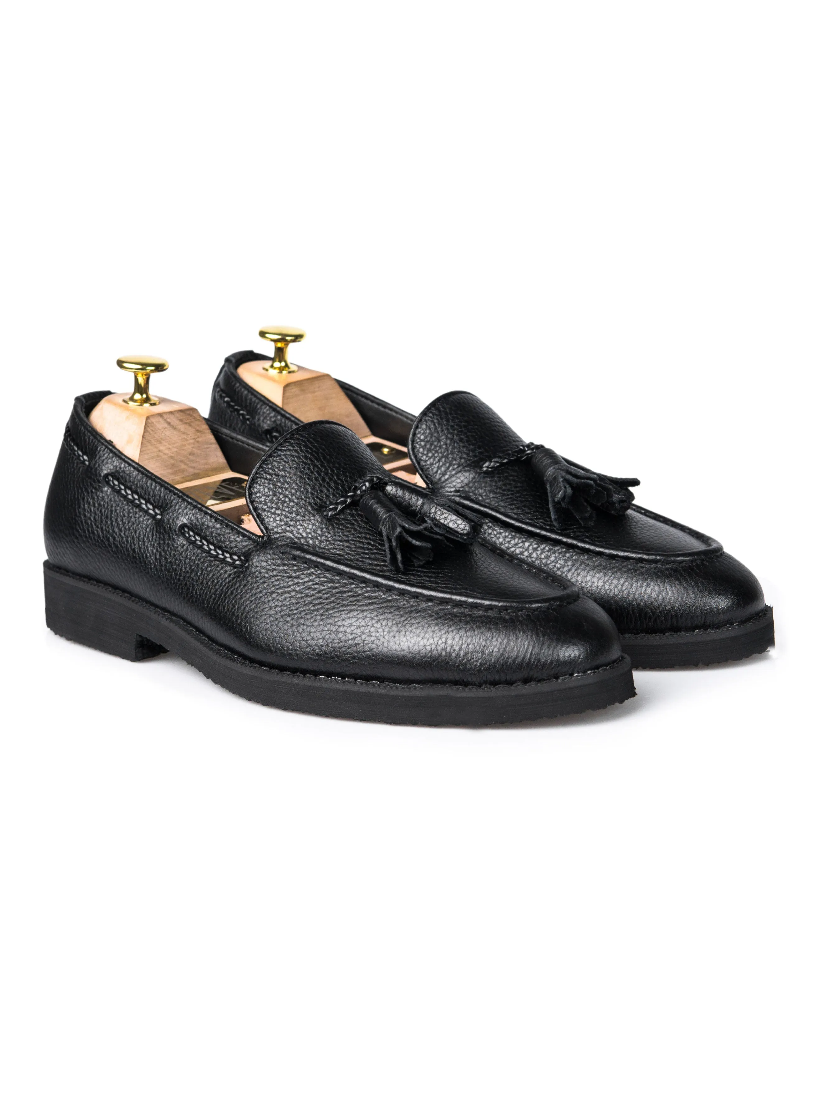 Mocassin à gland - Cuir grainé noir (semelle crêpe)