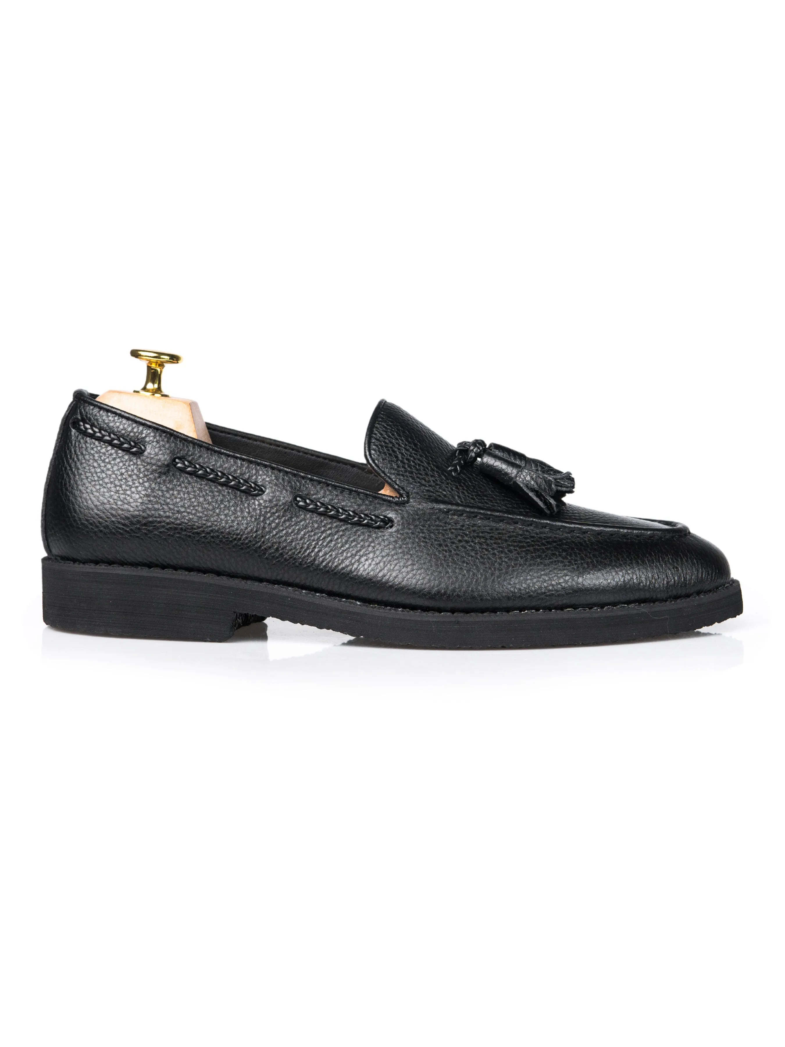 Mocassin à gland - Cuir grainé noir (semelle crêpe)