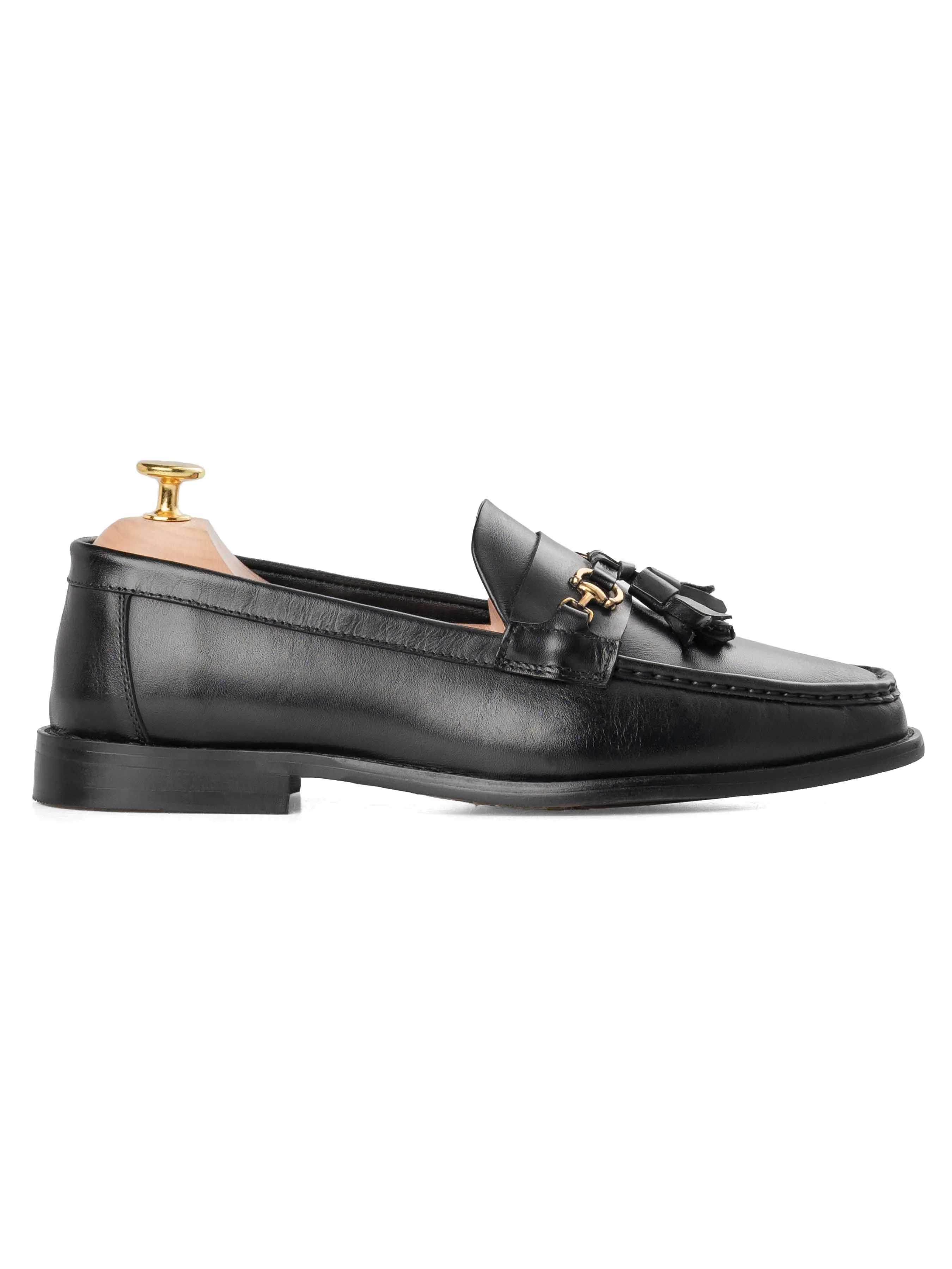 Mocassin à gland et boucle - Cuir noir uni