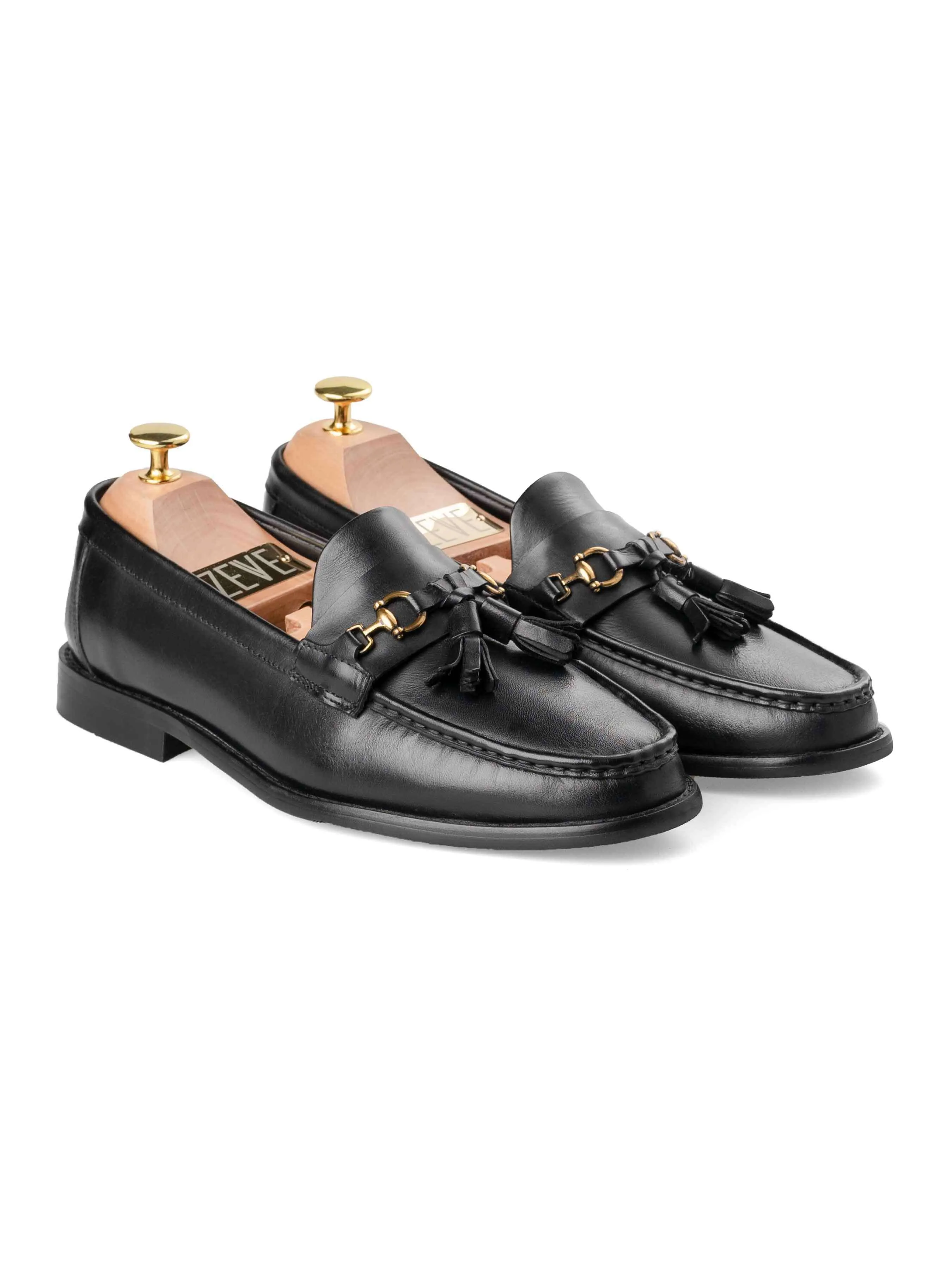 Mocassin à gland et boucle - Cuir noir uni
