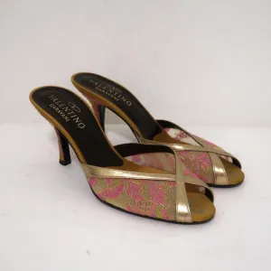 Valentino Mules à Bout Ouvert Or Métallisé avec Garniture en Cuir Dentelle Taille 38 Talons Glissés