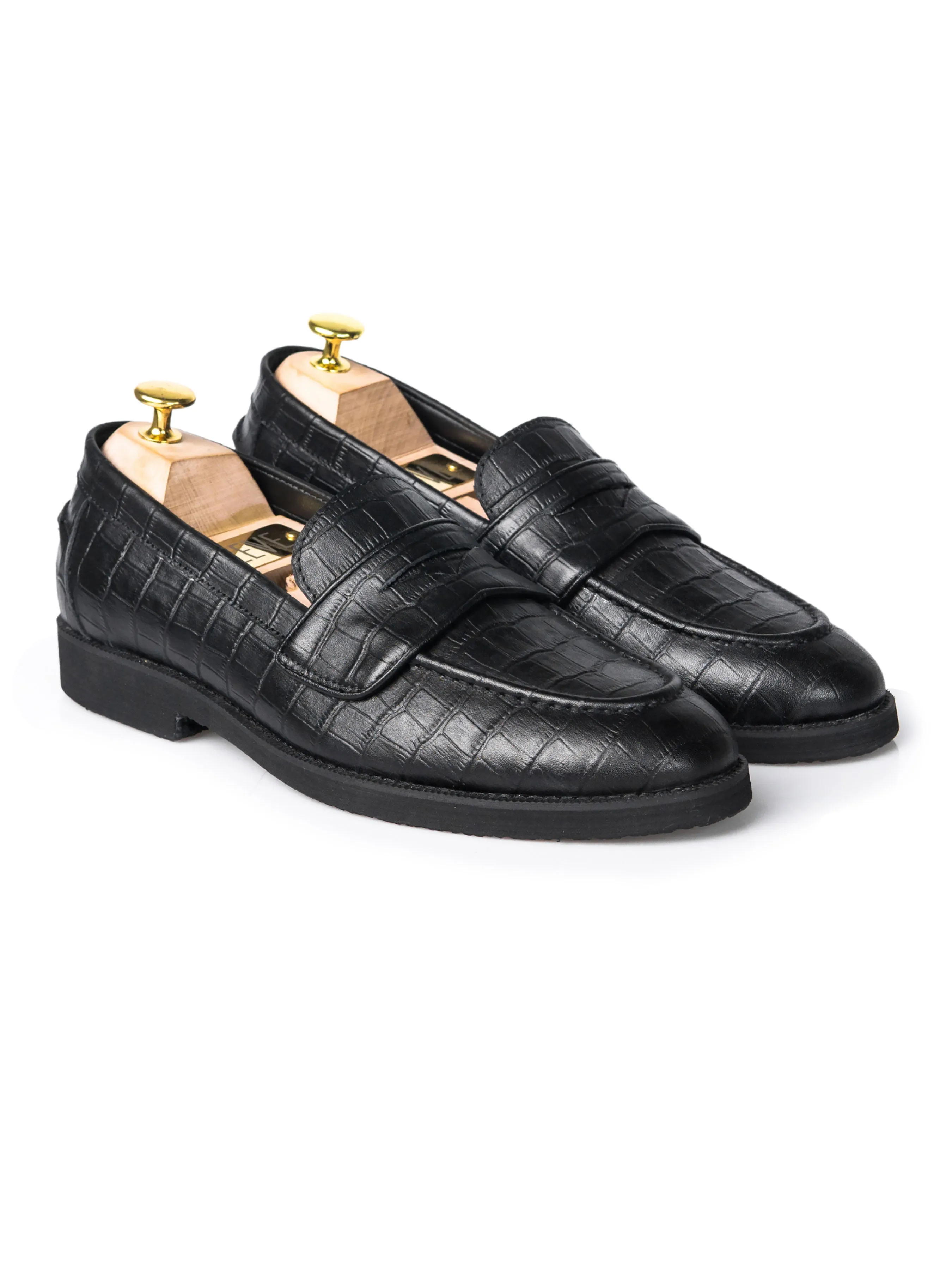 Wayne Penny Loafer - Cuir Croco Noir (Semelle Crêpe)