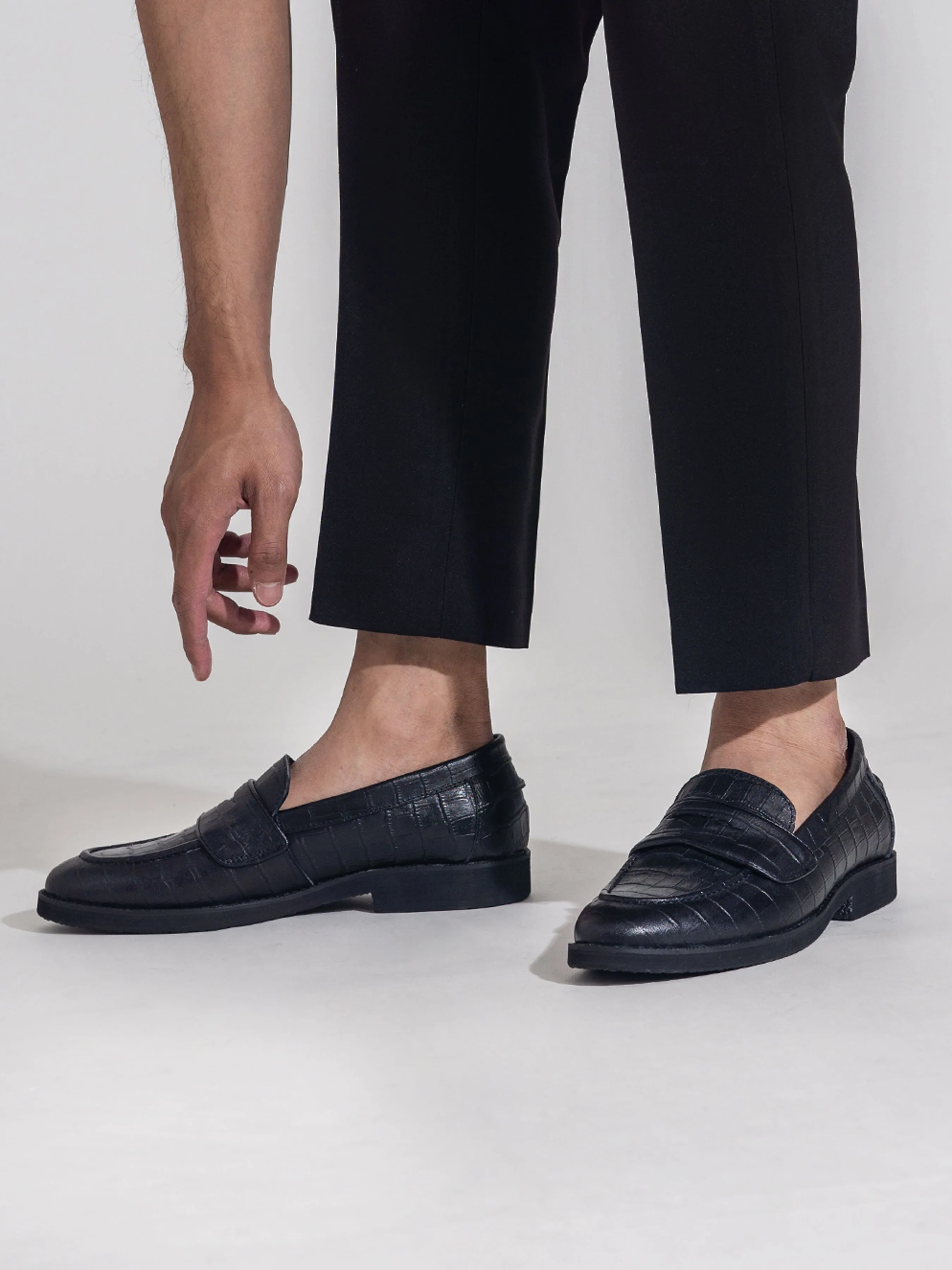 Wayne Penny Loafer - Cuir Croco Noir (Semelle Crêpe)