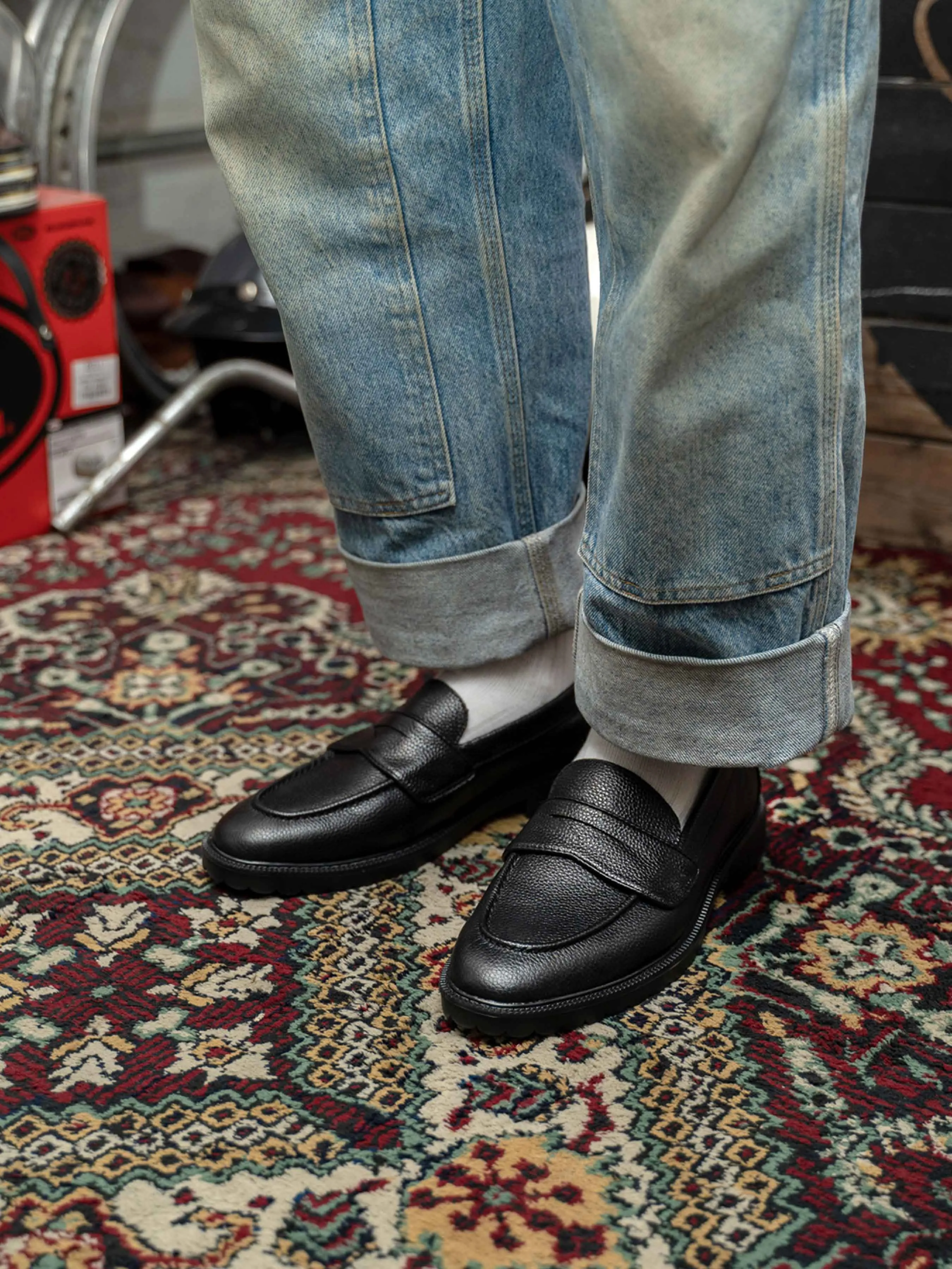 Wayne Penny Loafer - Cuir grainé noir (semelle combat)