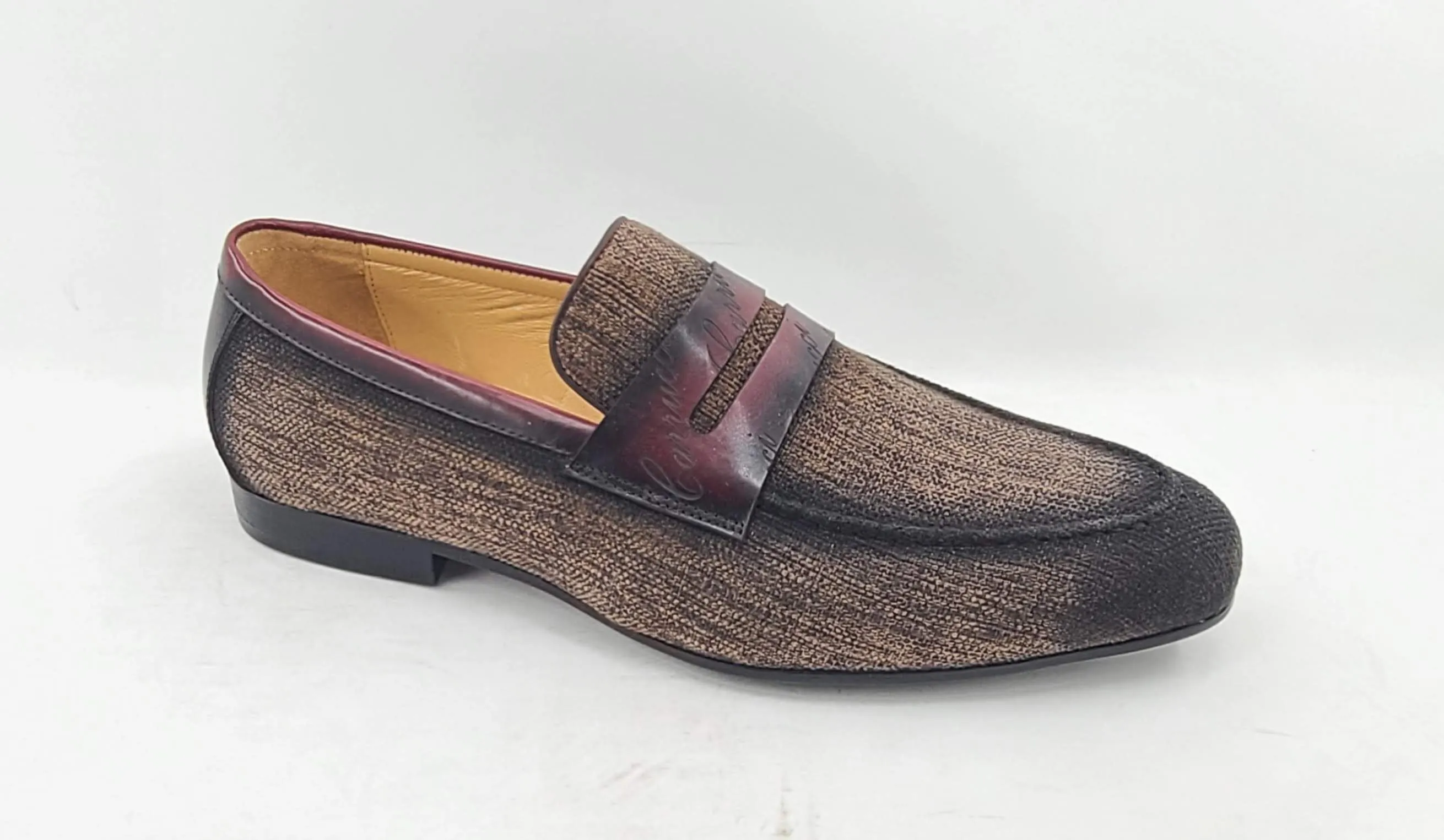 Mocassin à enfiler en toile tissée et veau marron/bordeaux