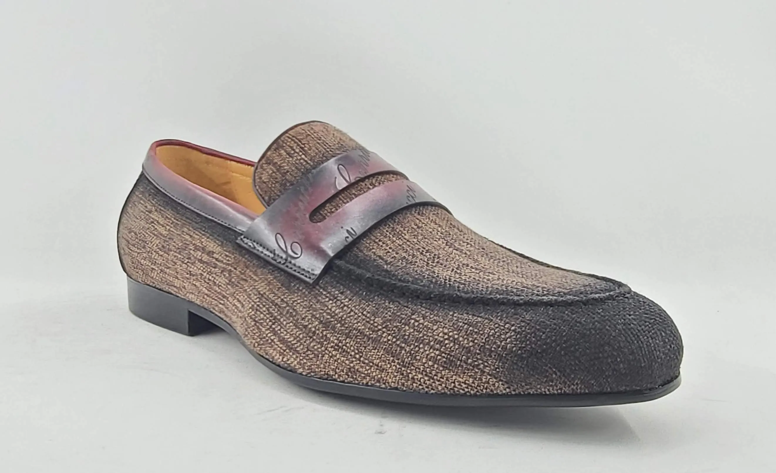 Mocassin à enfiler en toile tissée et veau marron/bordeaux