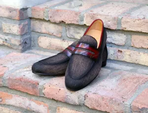Mocassin à enfiler en toile tissée et veau marron/bordeaux