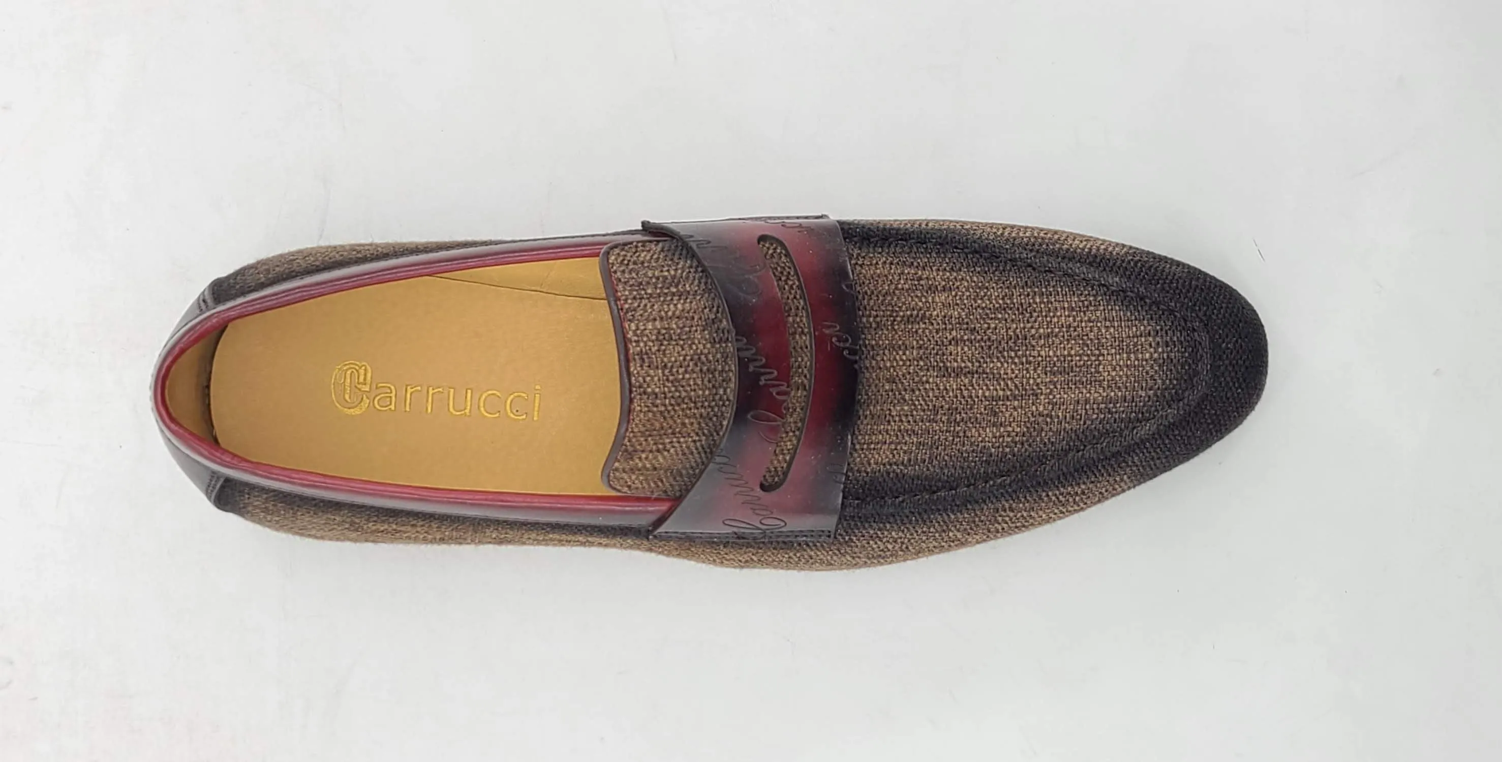 Mocassin à enfiler en toile tissée et veau marron/bordeaux
