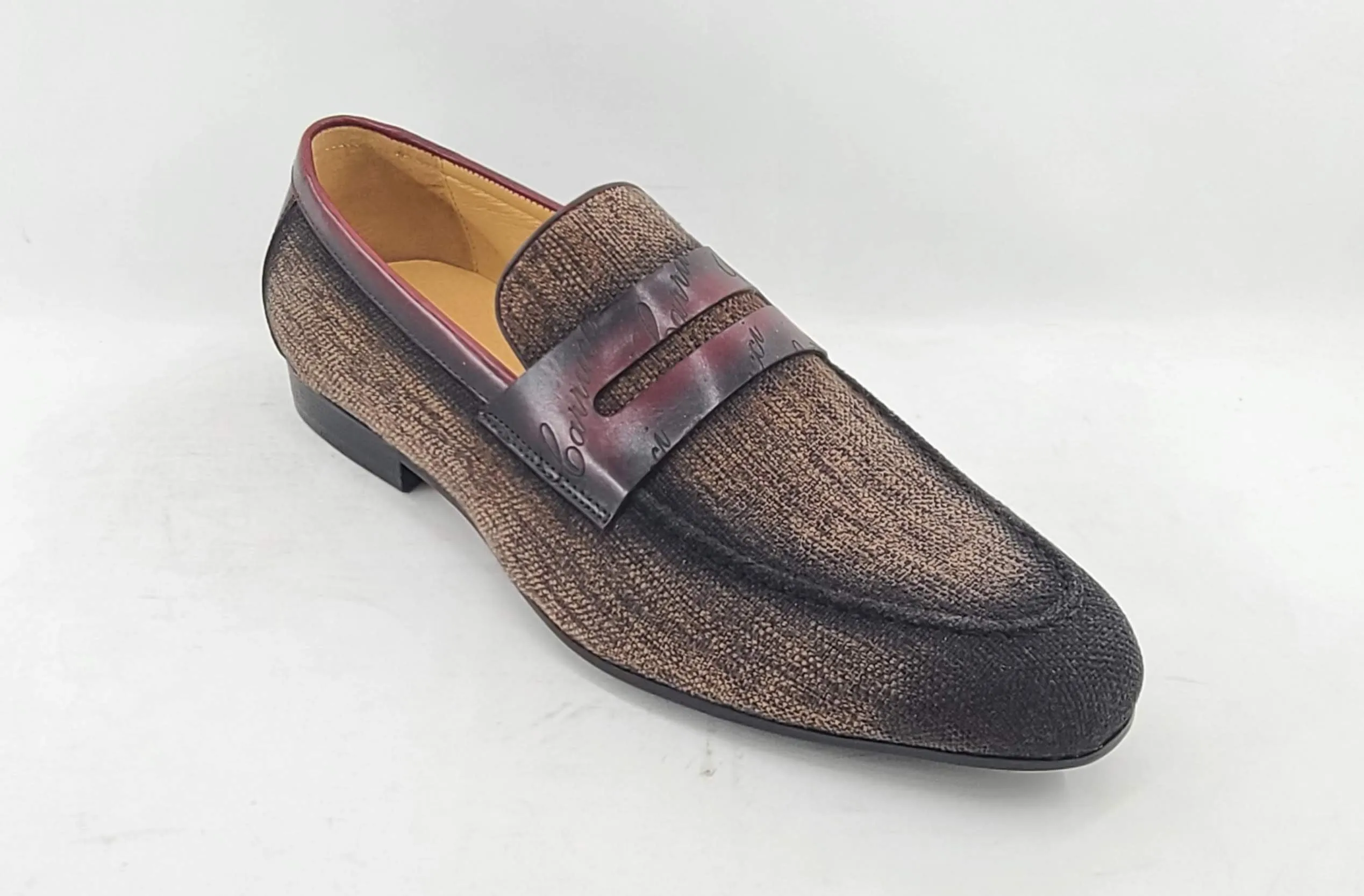 Mocassin à enfiler en toile tissée et veau marron/bordeaux