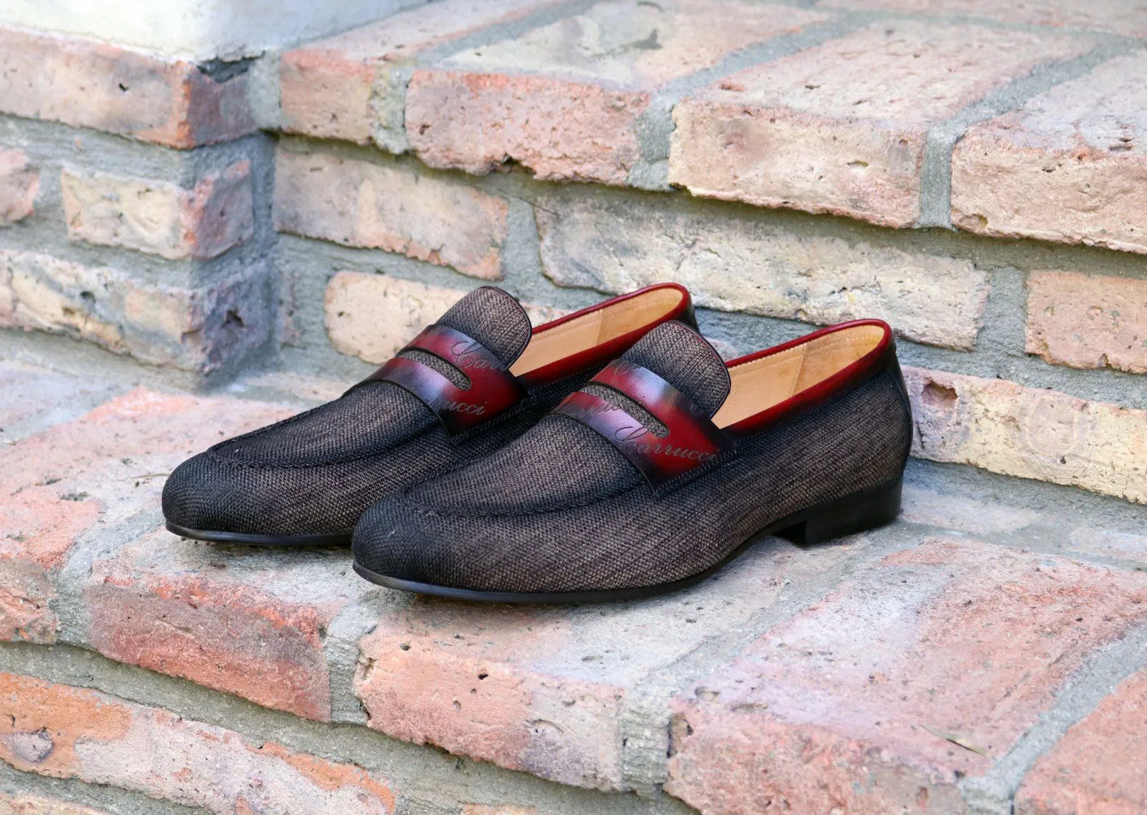 Mocassin à enfiler en toile tissée et veau marron/bordeaux