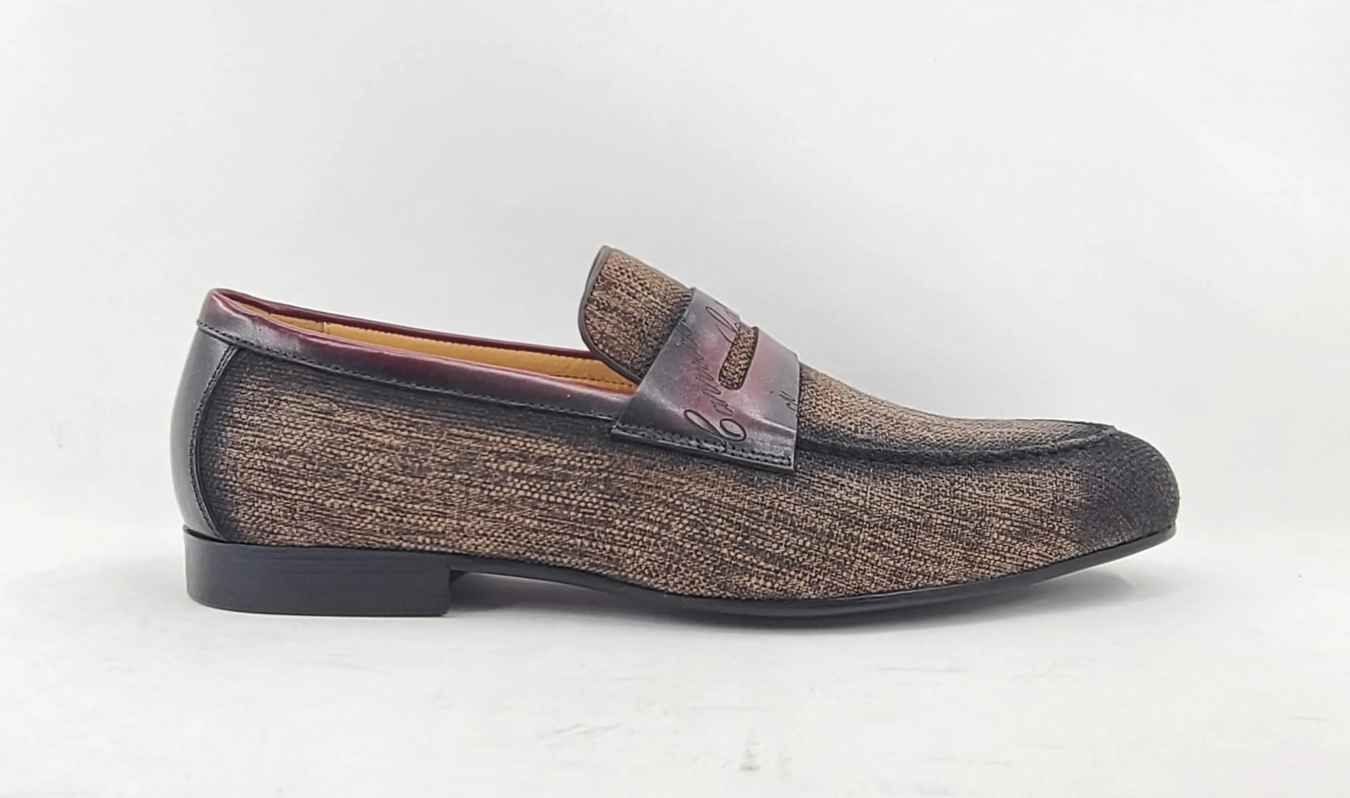 Mocassin à enfiler en toile tissée et veau marron/bordeaux