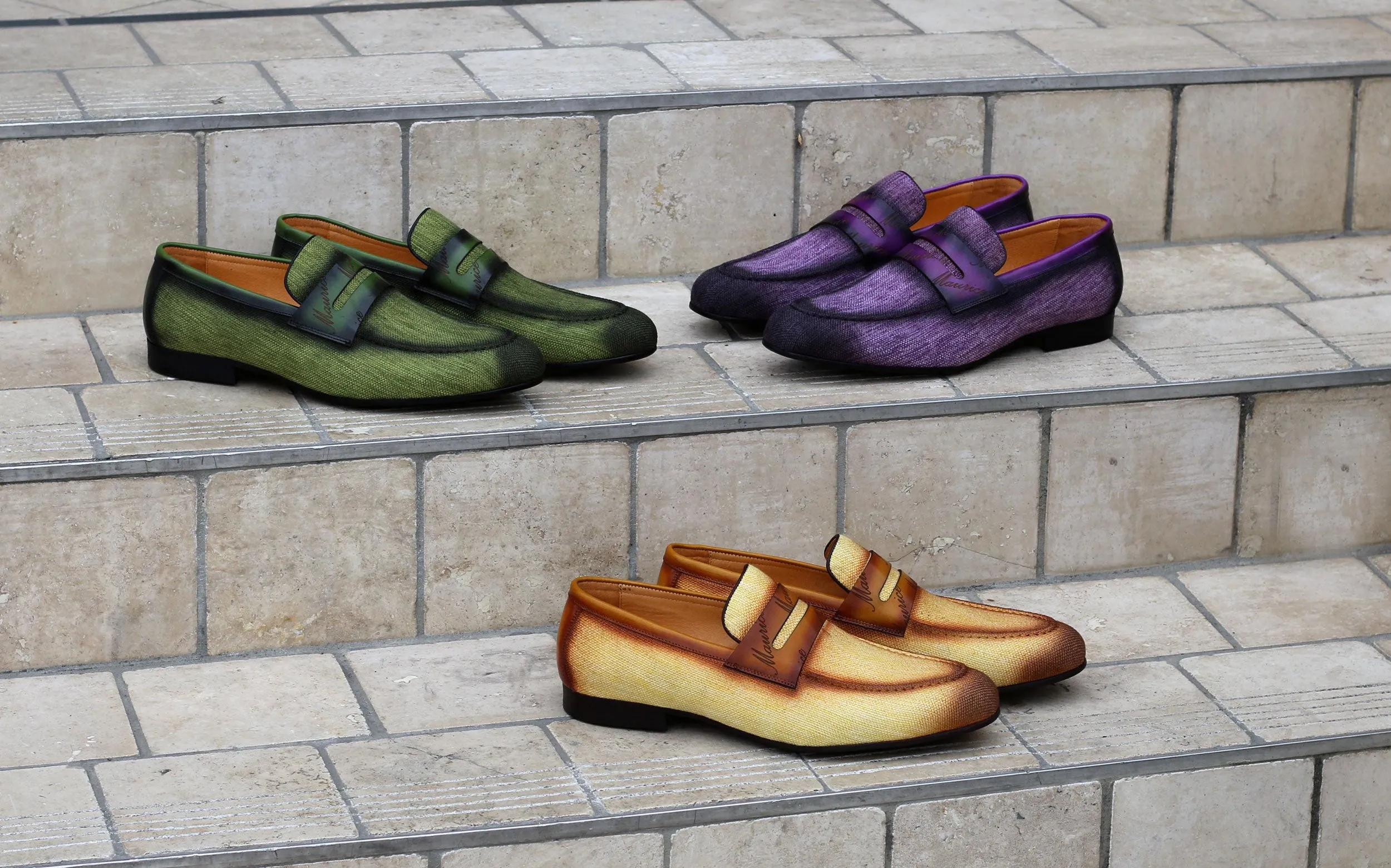 Mocassin à enfiler en toile tissée et veau olive