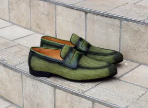 Mocassin à enfiler en toile tissée et veau olive