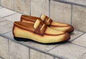 Mocassin à enfiler en toile tissée et veau jaune/marron
