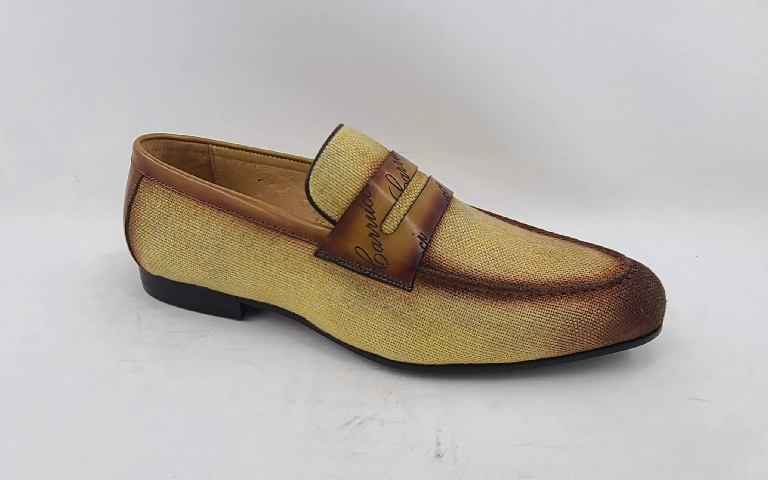 Mocassin à enfiler en toile tissée et veau jaune/marron