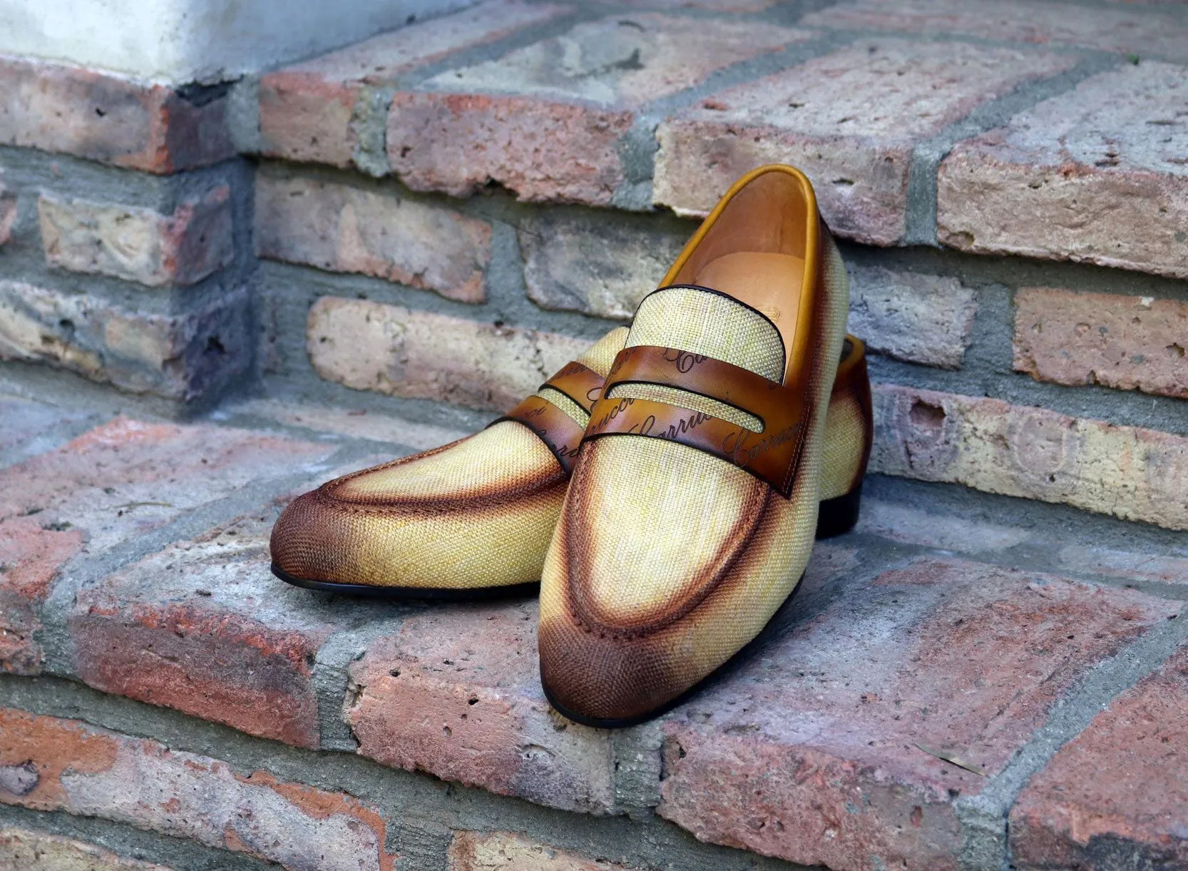 Mocassin à enfiler en toile tissée et veau jaune/marron
