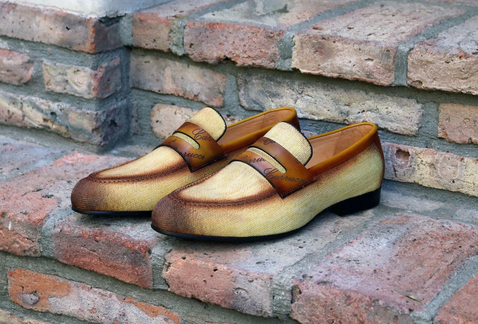 Mocassin à enfiler en toile tissée et veau jaune/marron