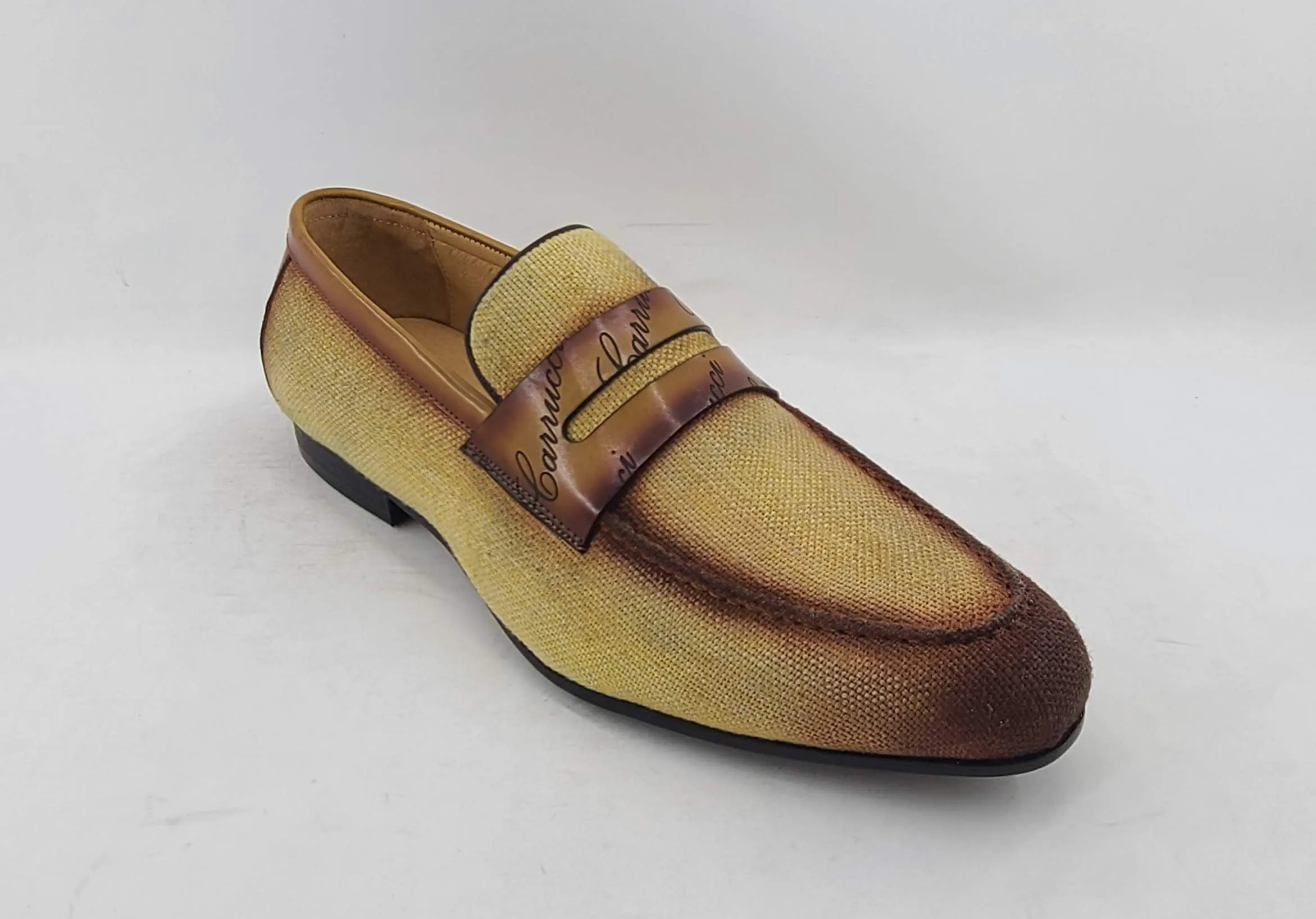 Mocassin à enfiler en toile tissée et veau jaune/marron