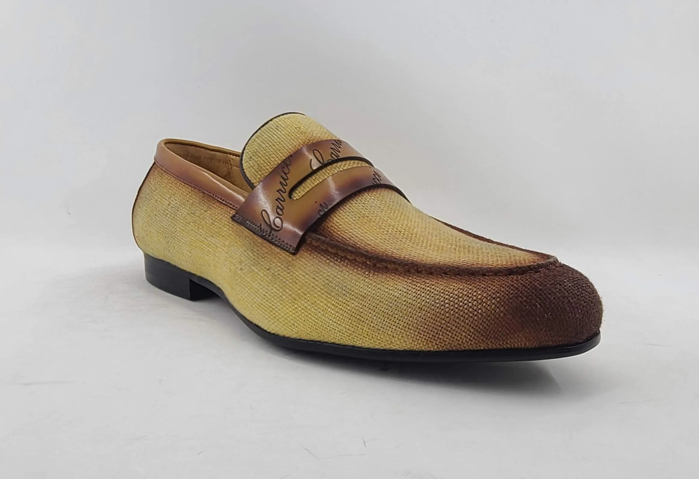 Mocassin à enfiler en toile tissée et veau jaune/marron