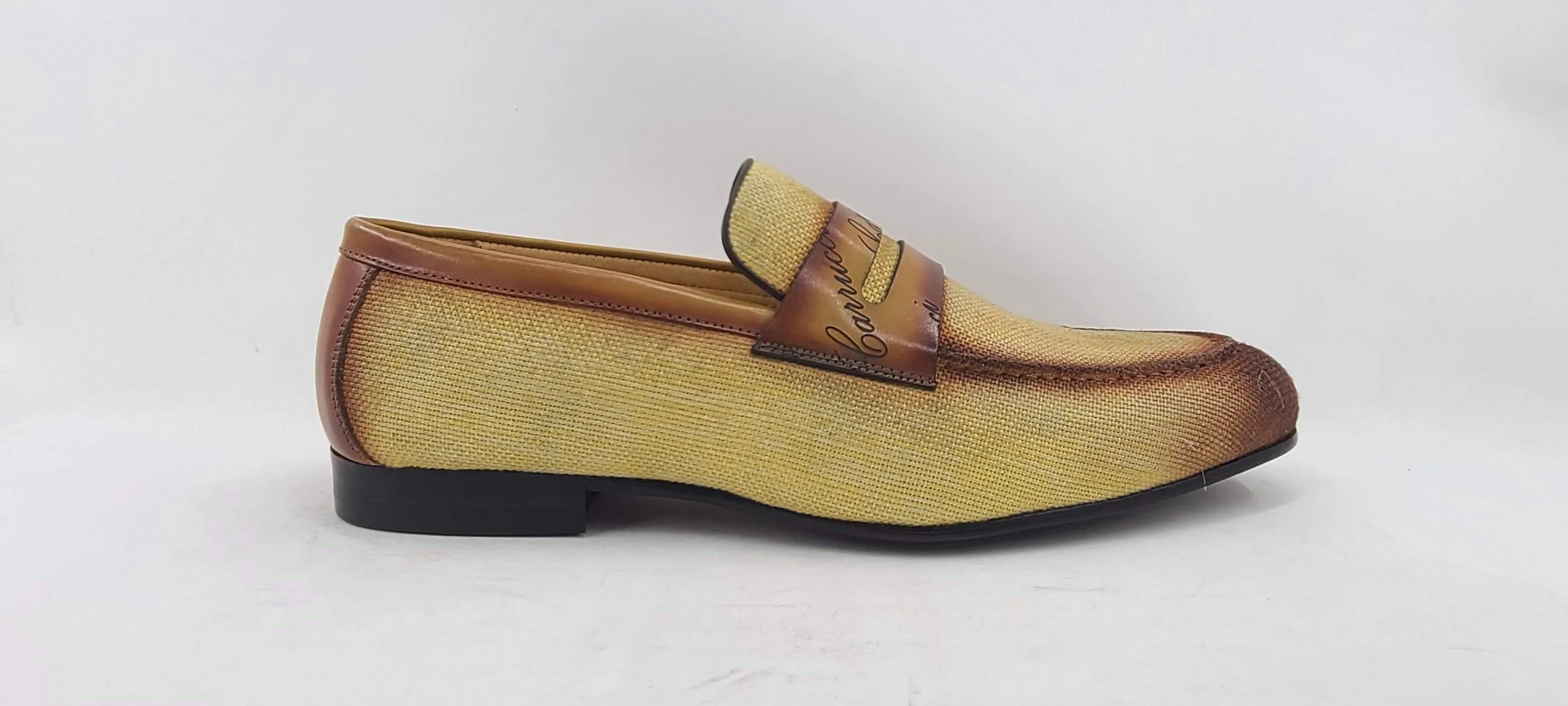 Mocassin à enfiler en toile tissée et veau jaune/marron